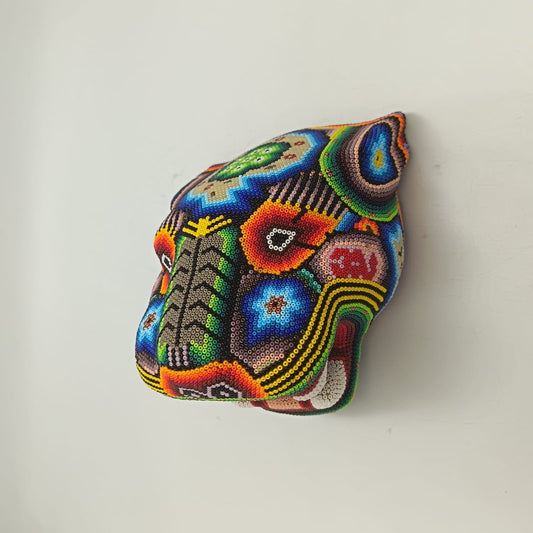 Mexican Folk Art Huichol Beaded Jaguar Head By Mayola Villa Lopez PP9171