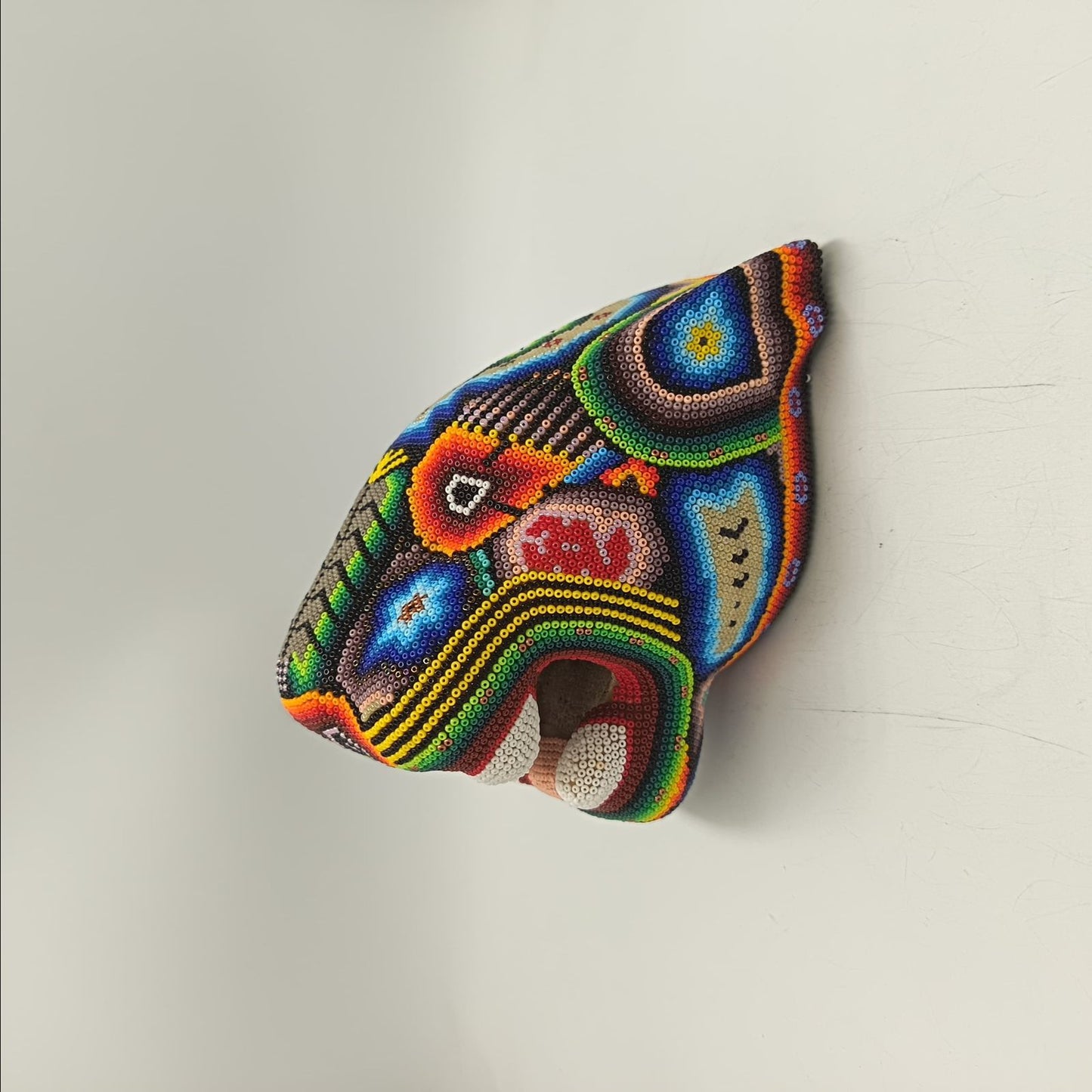 Mexican Folk Art Huichol Beaded Jaguar Head By Mayola Villa Lopez PP9171
