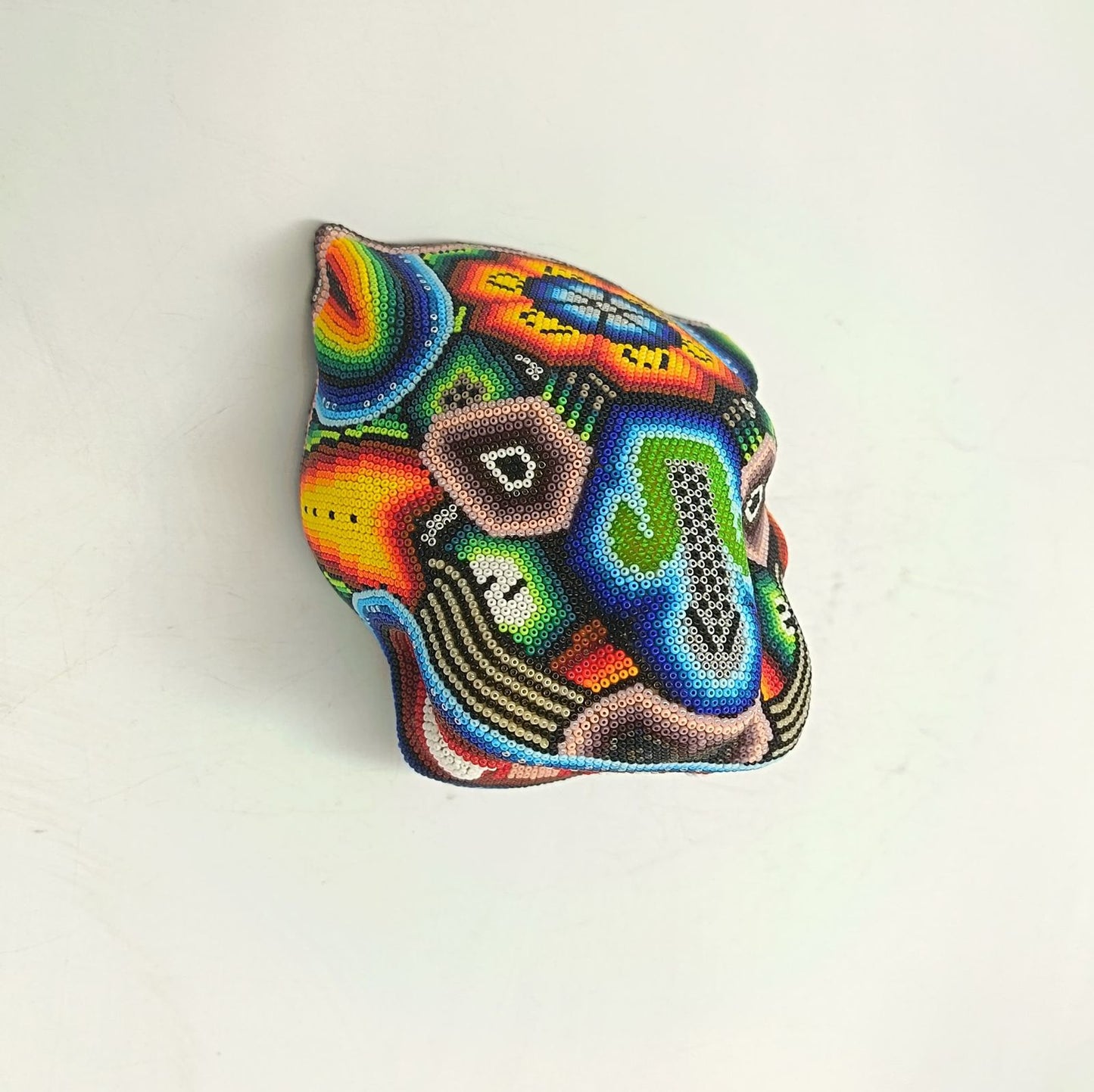 Mexican Folk Art Huichol Beaded Jaguar Head By Mayola Villa Lopez PP9173 Oaxaca