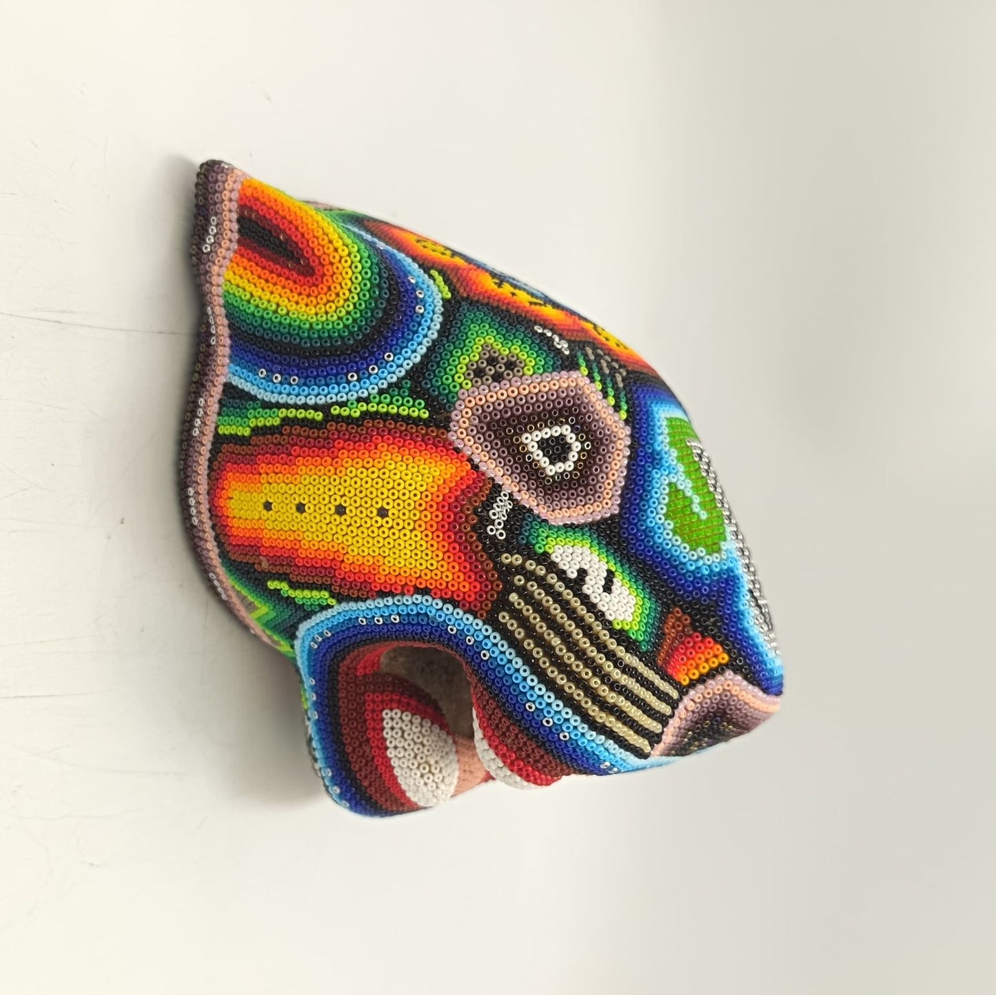 Mexican Folk Art Huichol Beaded Jaguar Head By Mayola Villa Lopez PP9173 Oaxaca
