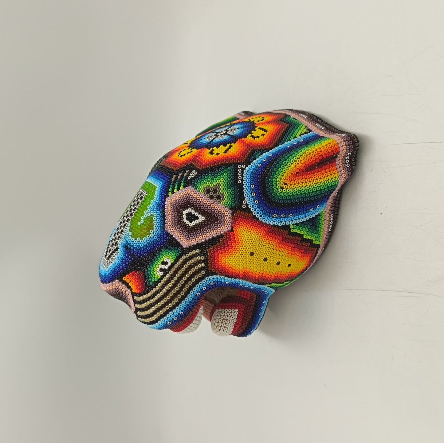 Mexican Folk Art Huichol Beaded Jaguar Head By Mayola Villa Lopez PP9173 Oaxaca
