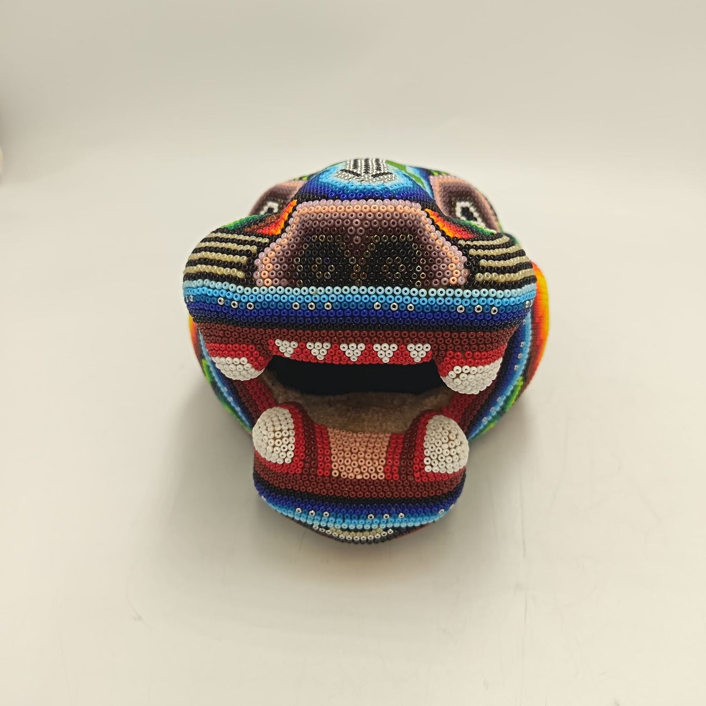 Mexican Folk Art Huichol Beaded Jaguar Head By Mayola Villa Lopez PP9173 Oaxaca