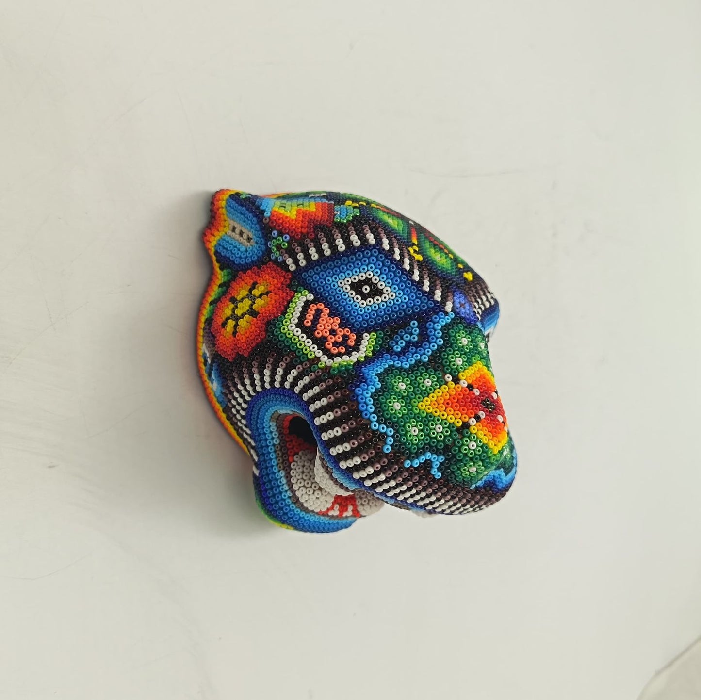 Mexican Huichol Hand Beaded Jaguar Head By Santos Bautista PP9189