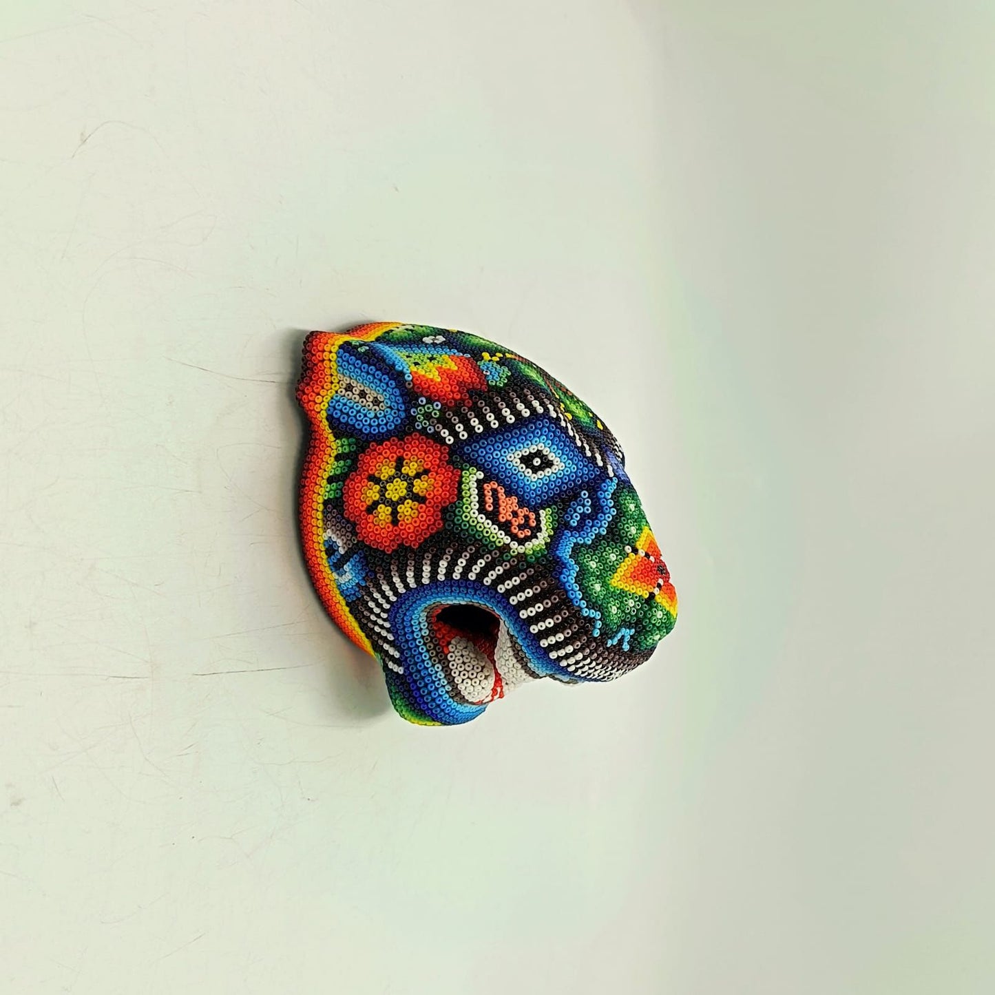 Mexican Huichol Hand Beaded Jaguar Head By Santos Bautista PP9189