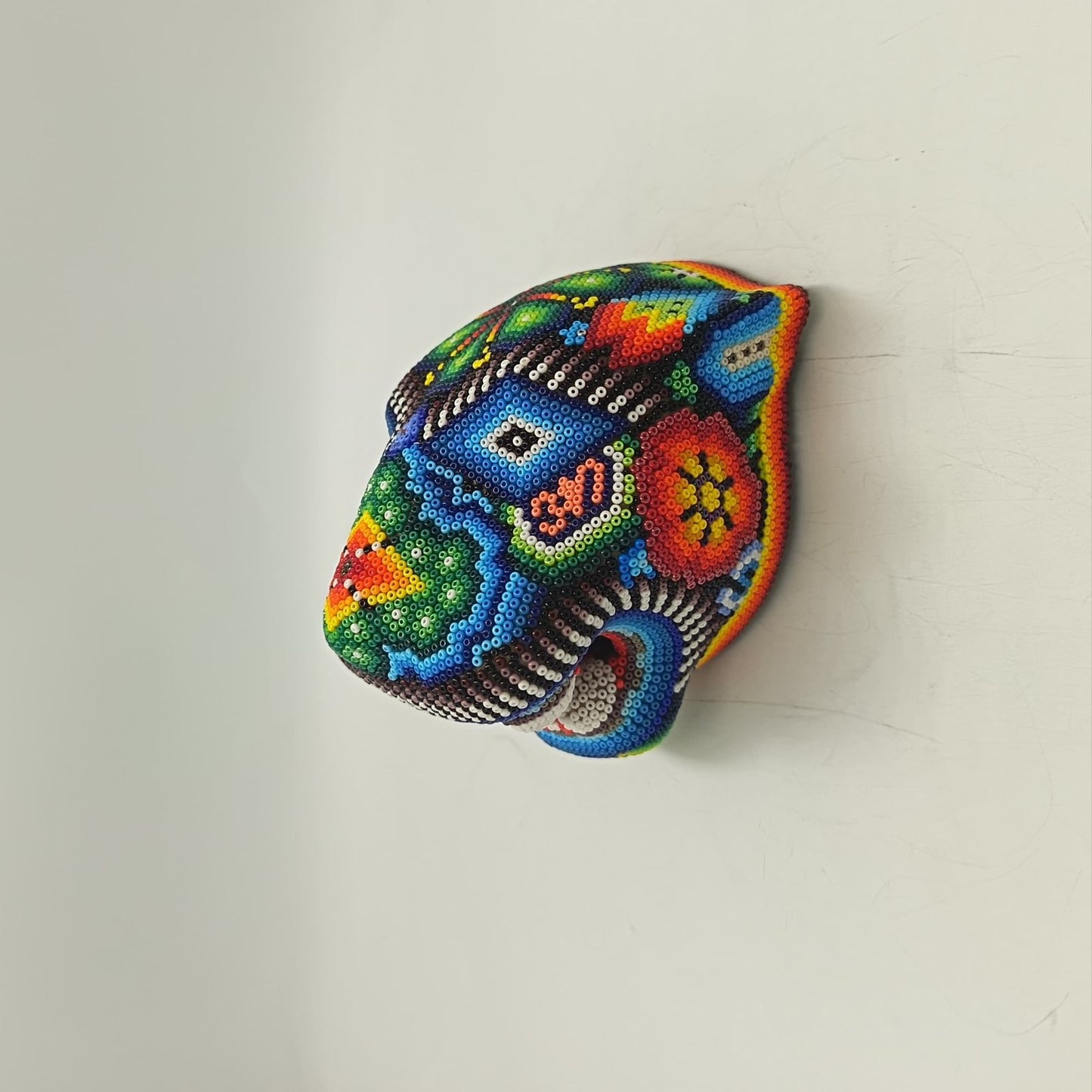 Mexican Huichol Hand Beaded Jaguar Head By Santos Bautista PP9189