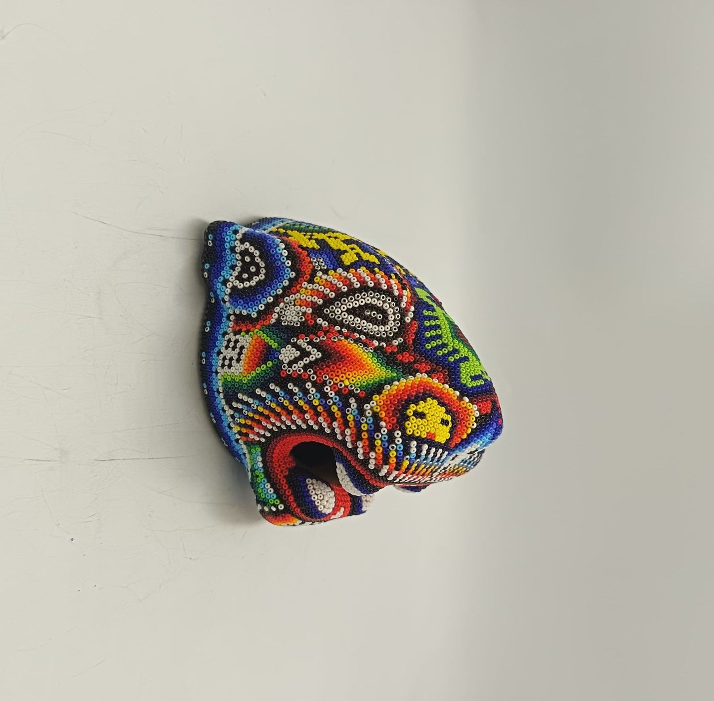 Mexican Huichol Hand Beaded Jaguar Head By Santos Bautista PP9191