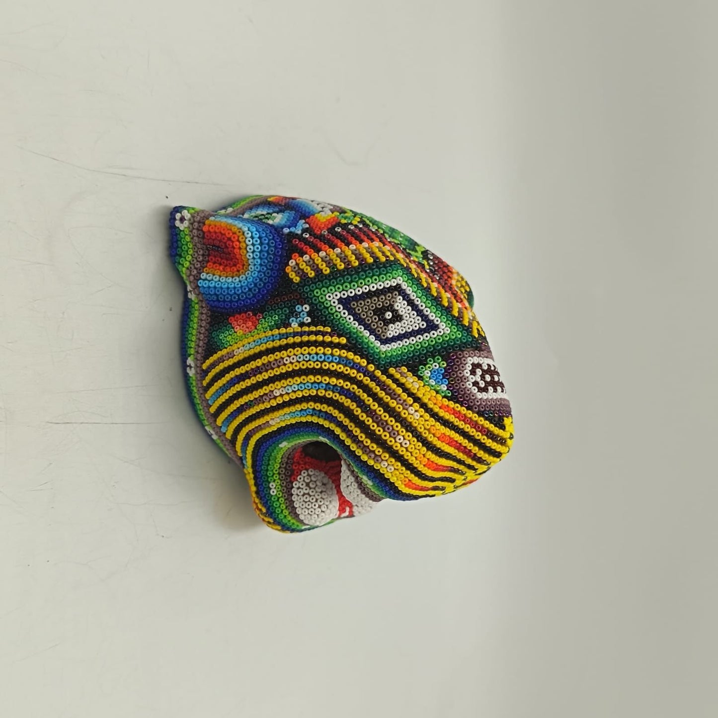 Mexican Huichol Hand Beaded Jaguar Head By Santos Bautista PP9194