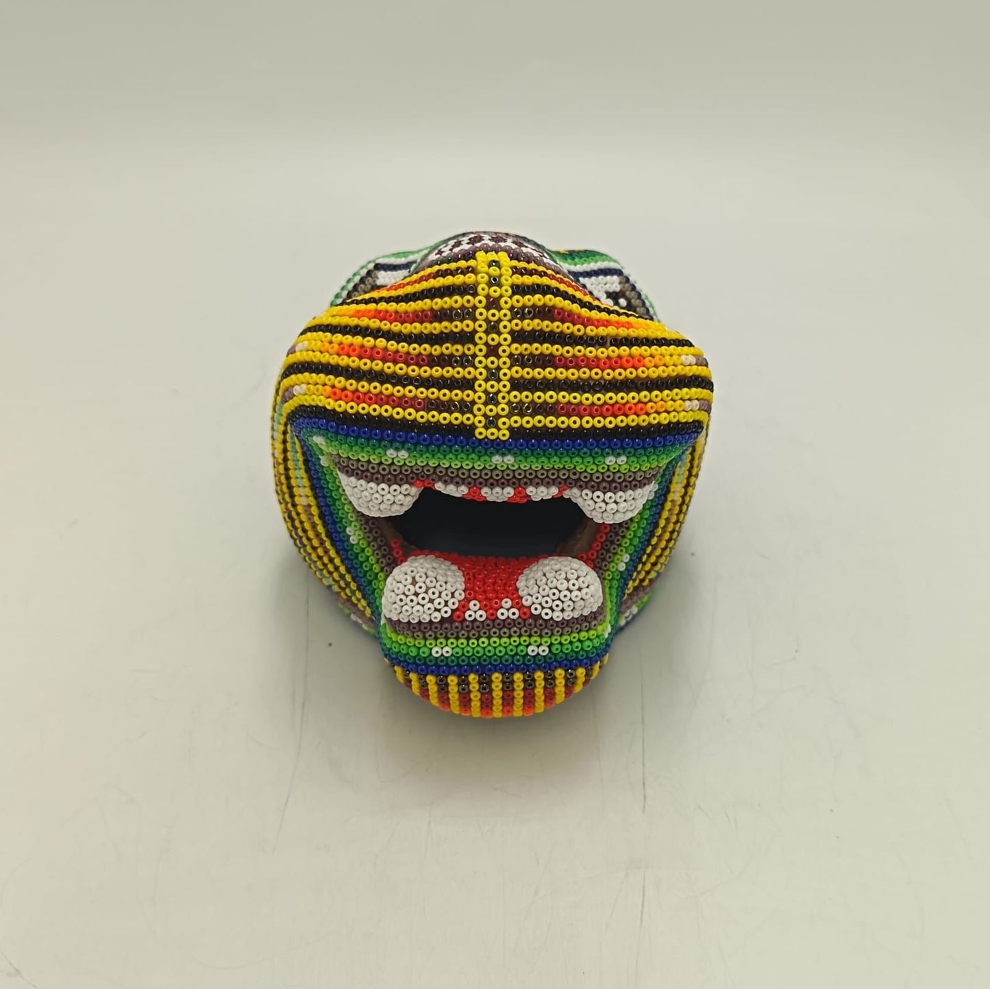Mexican Huichol Hand Beaded Jaguar Head By Santos Bautista PP9194