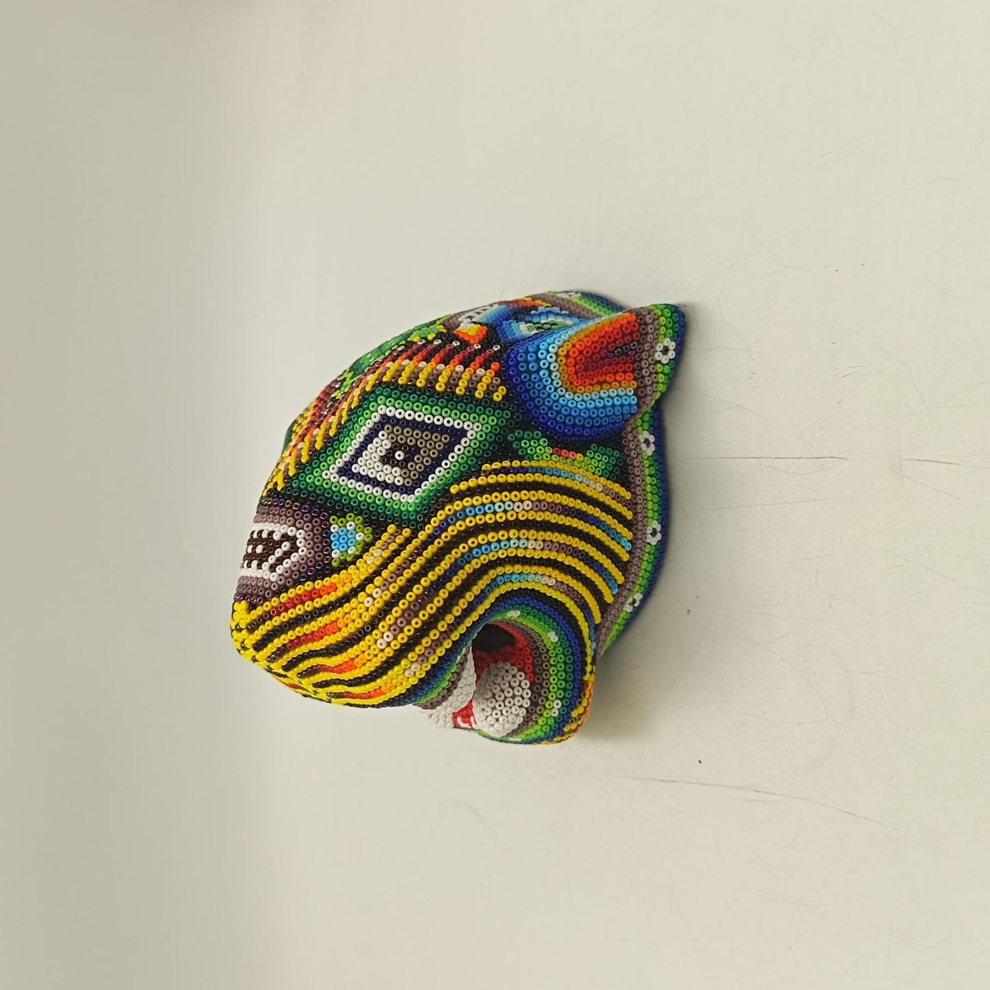 Mexican Huichol Hand Beaded Jaguar Head By Santos Bautista PP9194