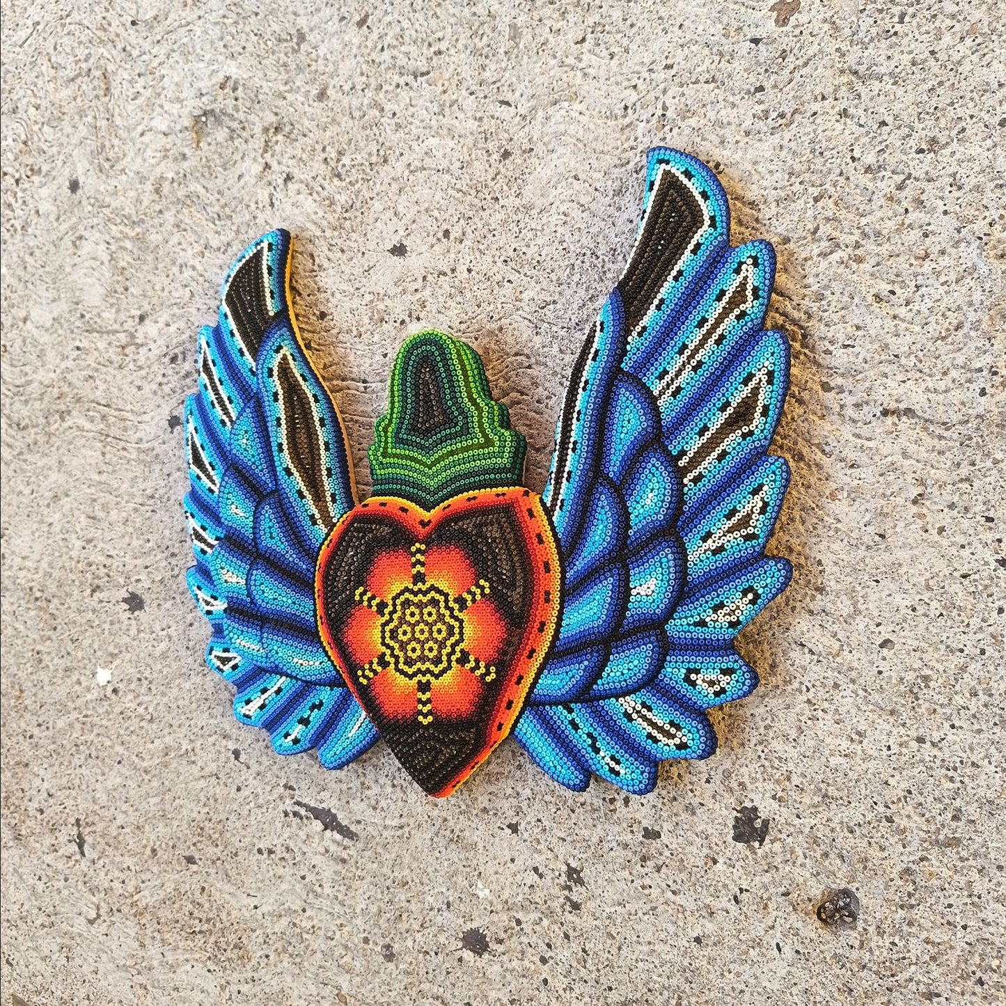 Huichol Hand Beaded Mexican Folk Art Heart with Wings By Santos Bautista PP9196
