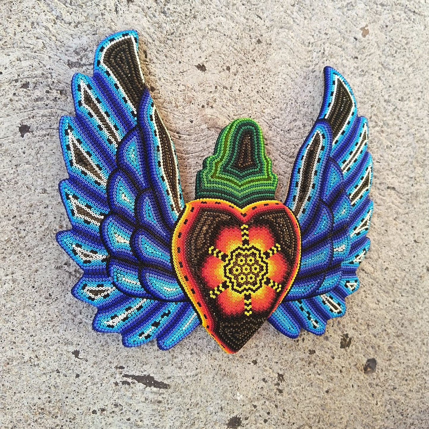 Huichol Hand Beaded Mexican Folk Art Heart with Wings By Santos Bautista PP9196