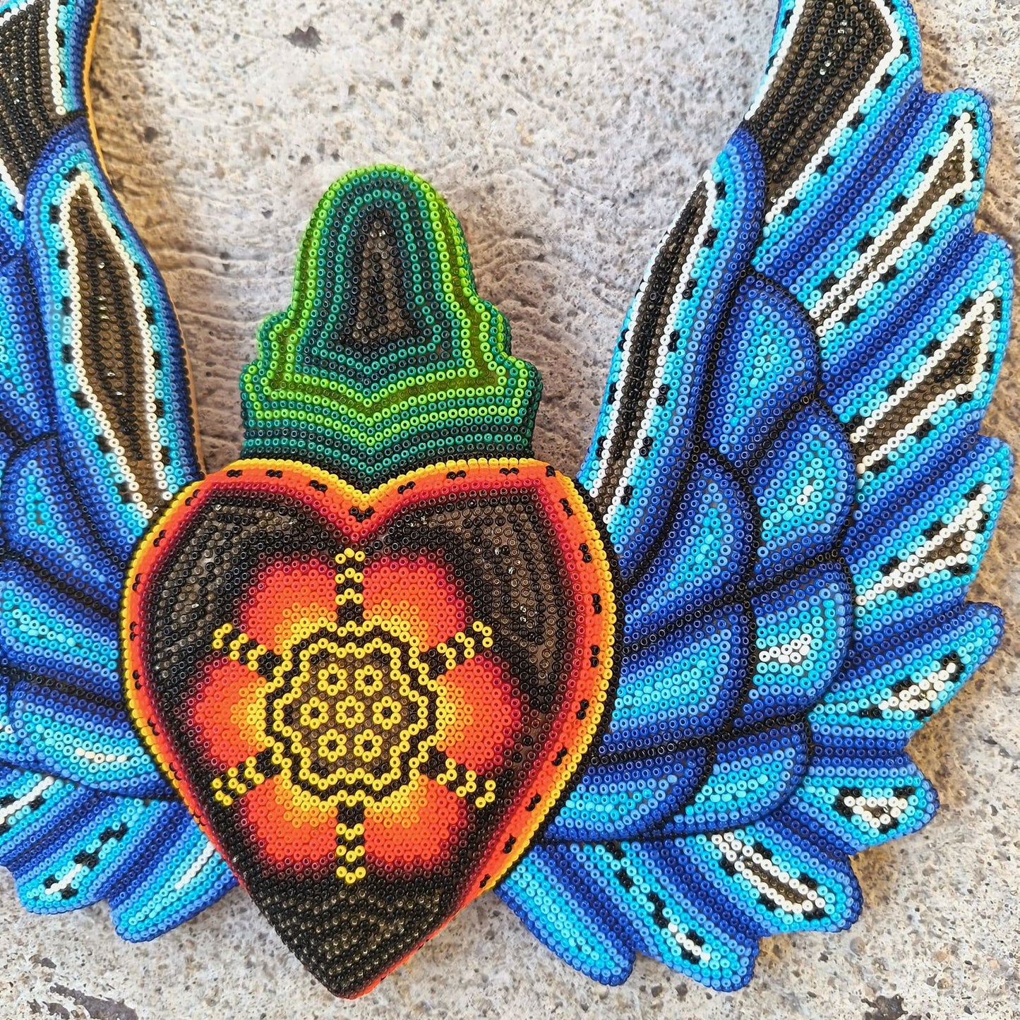 Huichol Hand Beaded Mexican Folk Art Heart with Wings By Santos Bautista PP9196