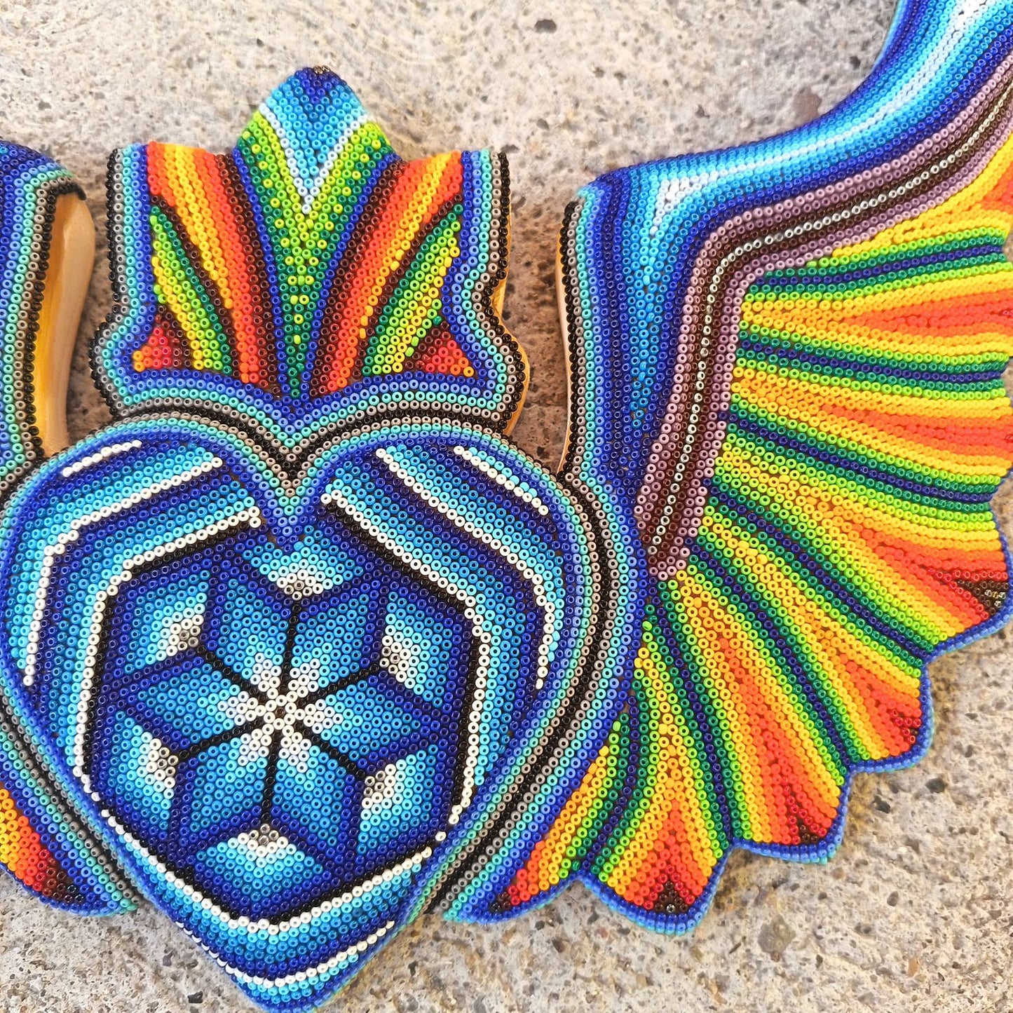 Huichol Hand Beaded Mexican Folk Art Heart with Wings By Santos Bautista PP9197 Oaxaca