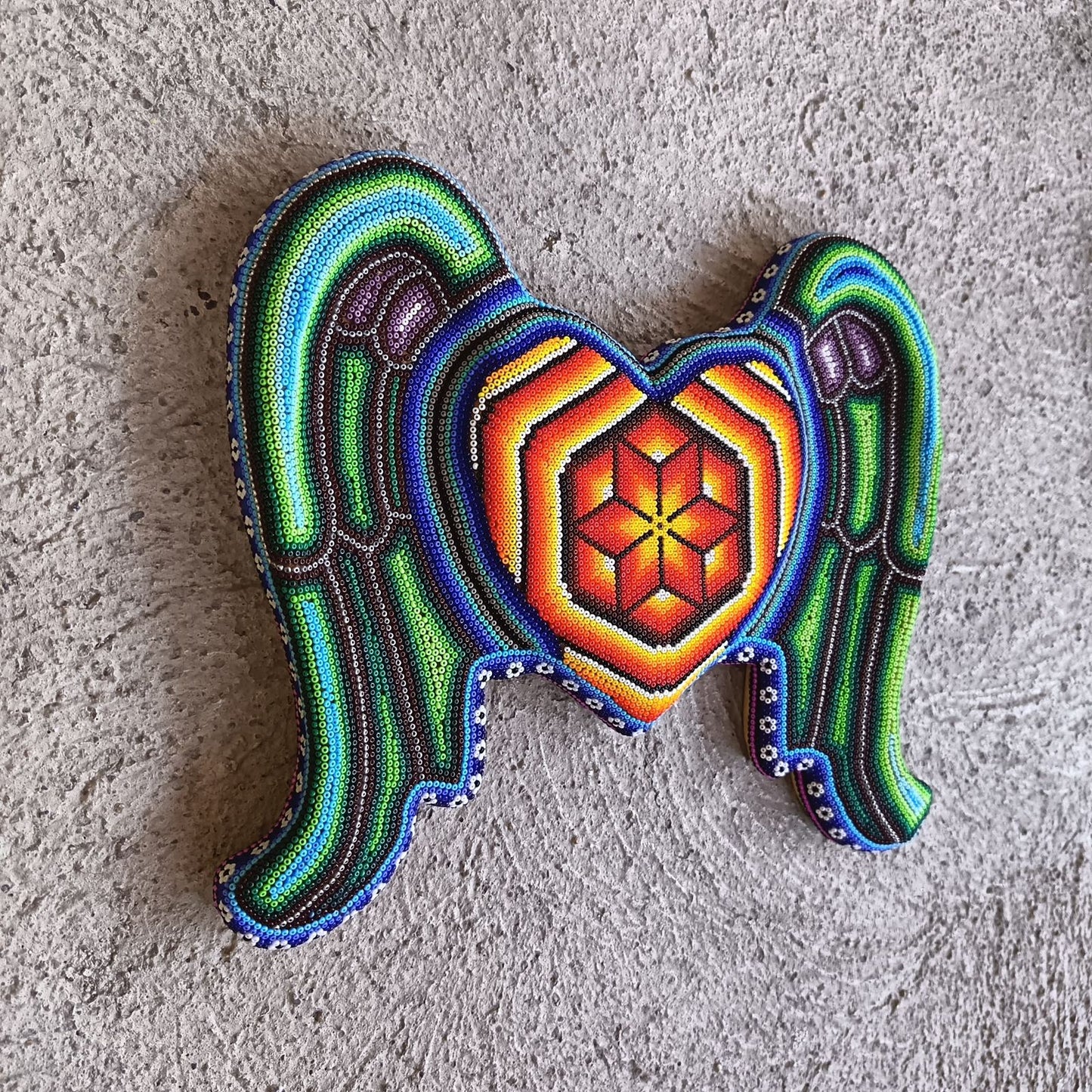 Huichol Hand Beaded Mexican Folk Art Heart with Wings By Santos Bautista PP9198 Oaxaca