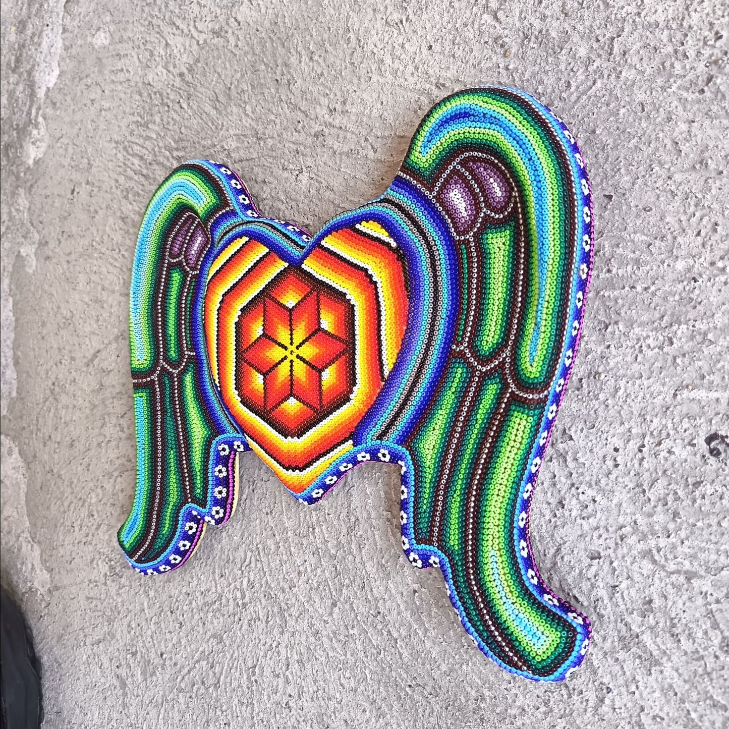Huichol Hand Beaded Mexican Folk Art Heart with Wings By Santos Bautista PP9198 Oaxaca