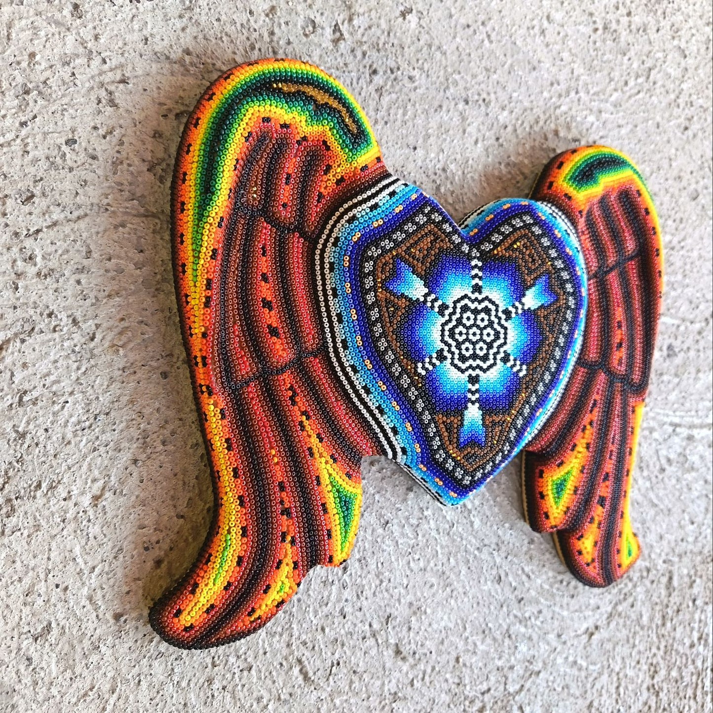 Huichol Hand Beaded Mexican Folk Art Heart with Wings By Santos Bautista PP9199