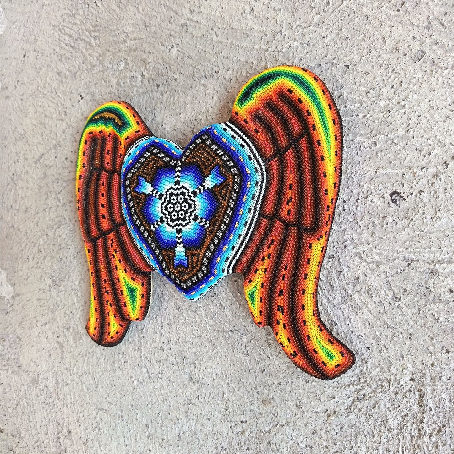 Huichol Hand Beaded Mexican Folk Art Heart with Wings By Santos Bautista PP9199