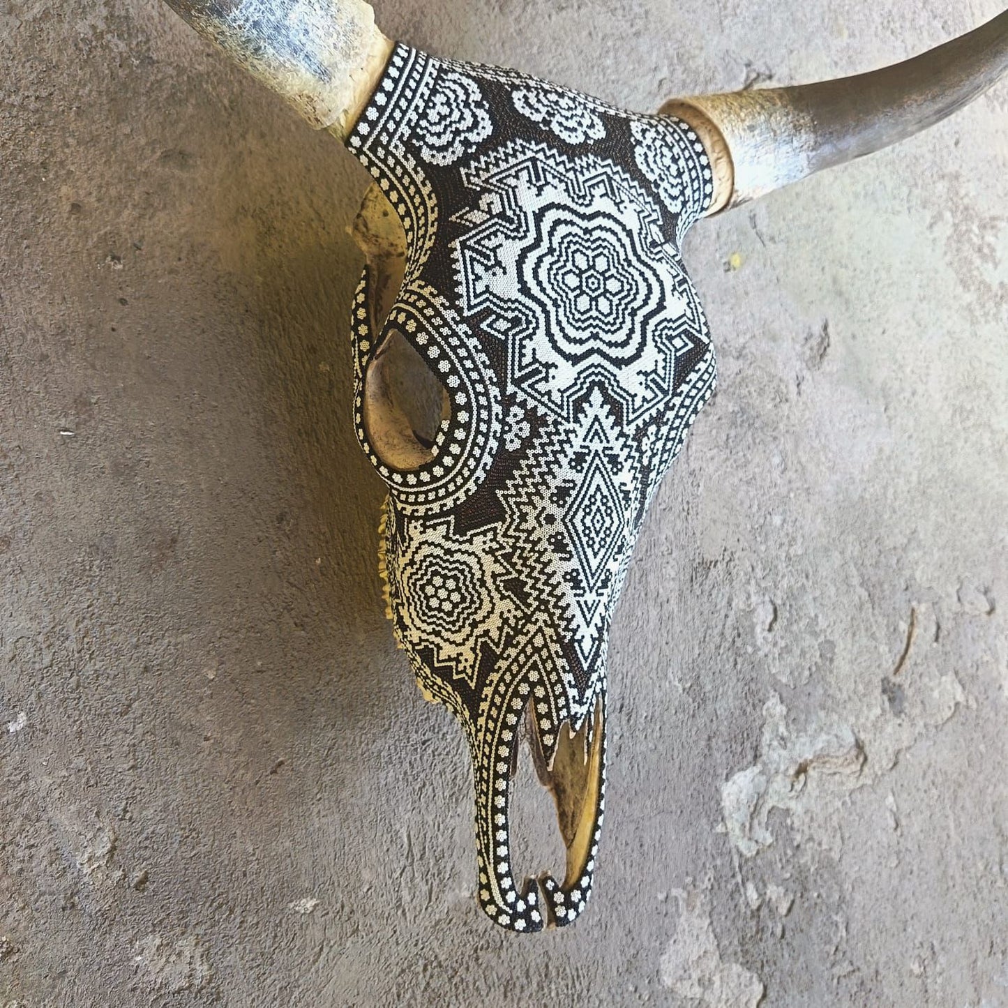 Huichol Indian Hand Beaded Bull Skull By Santos Bautista PP9200