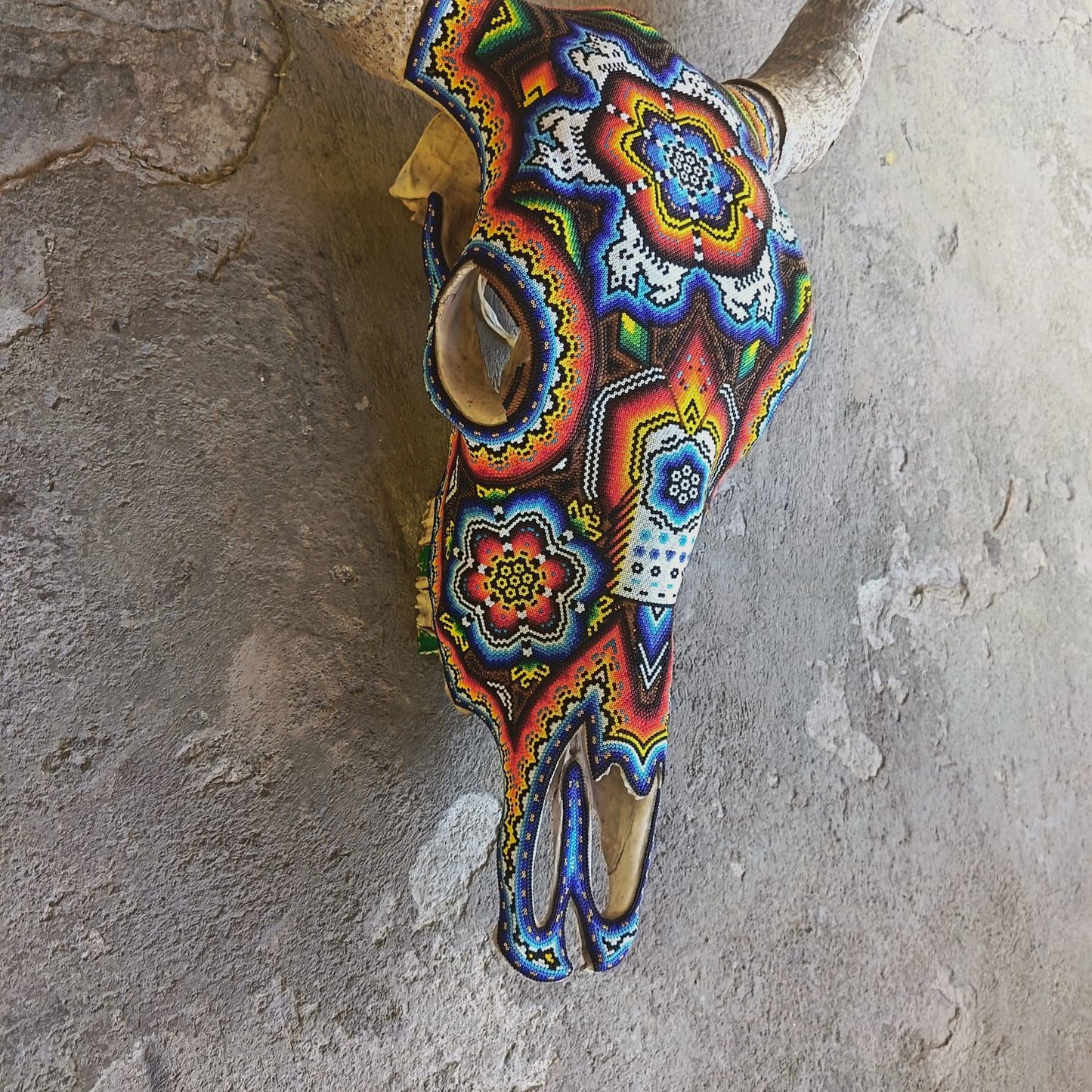 Huichol Indian Hand Beaded Bull Skull By Santos Bautista PP9201