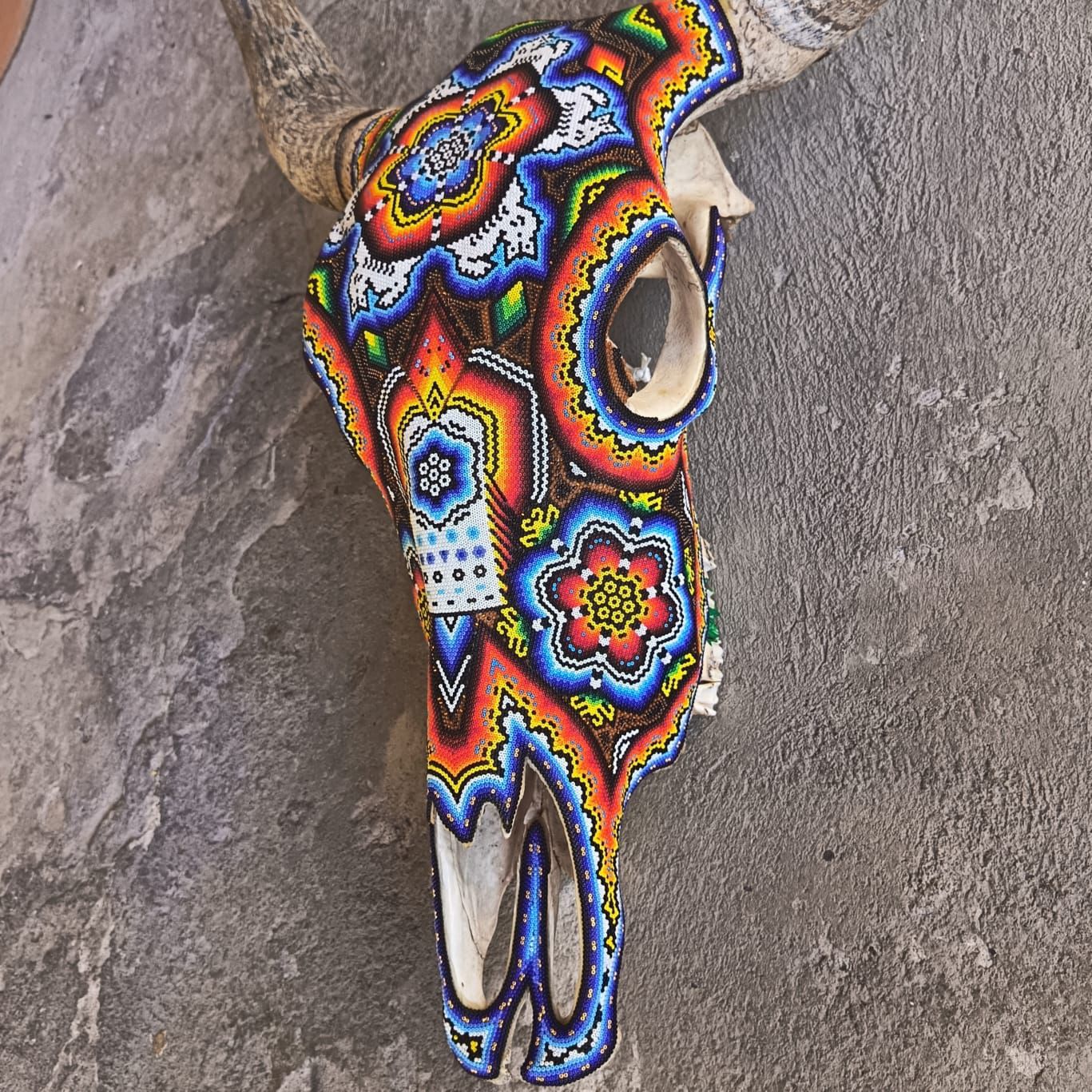 Huichol Indian Hand Beaded Bull Skull By Santos Bautista PP9201