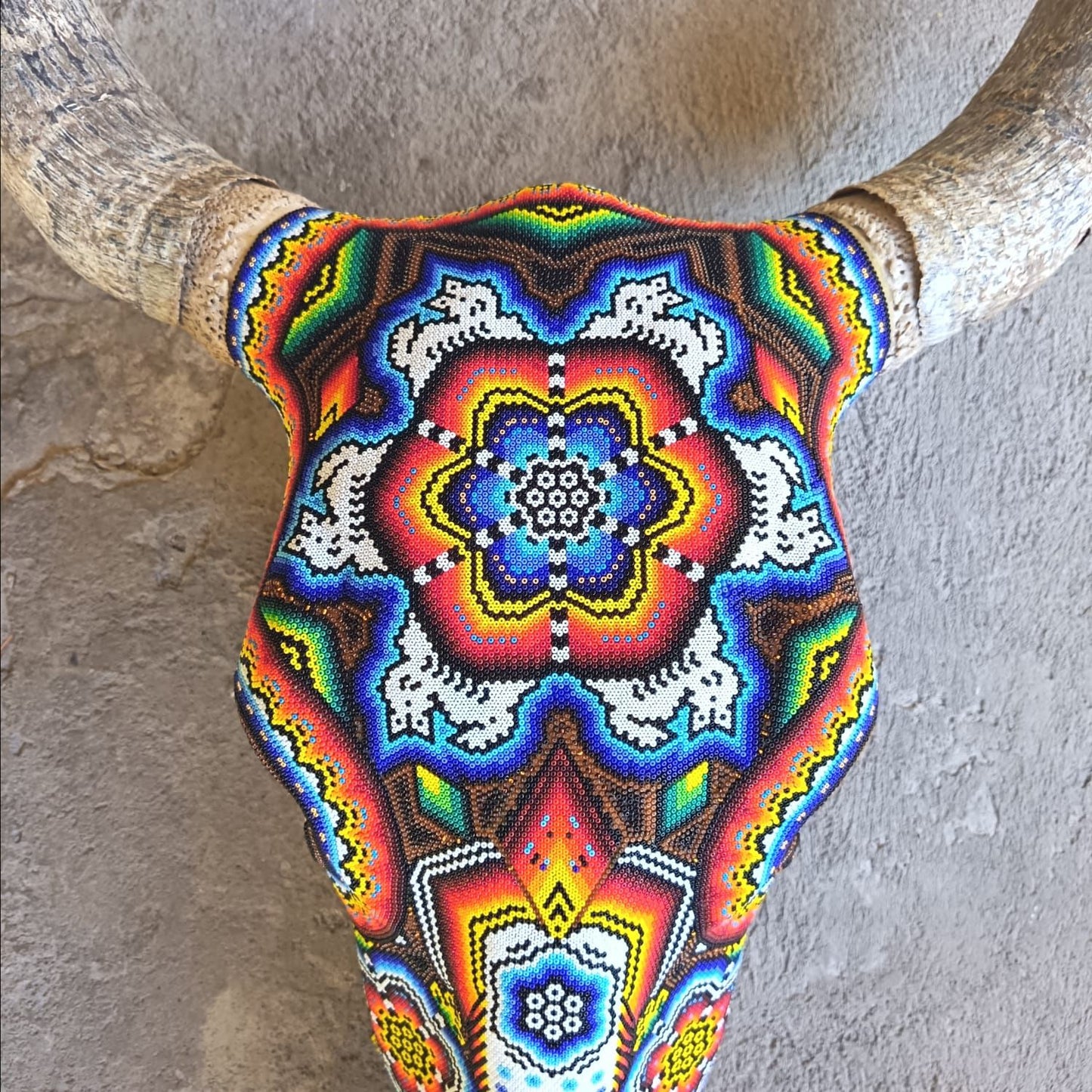 Huichol Indian Hand Beaded Bull Skull By Santos Bautista PP9201