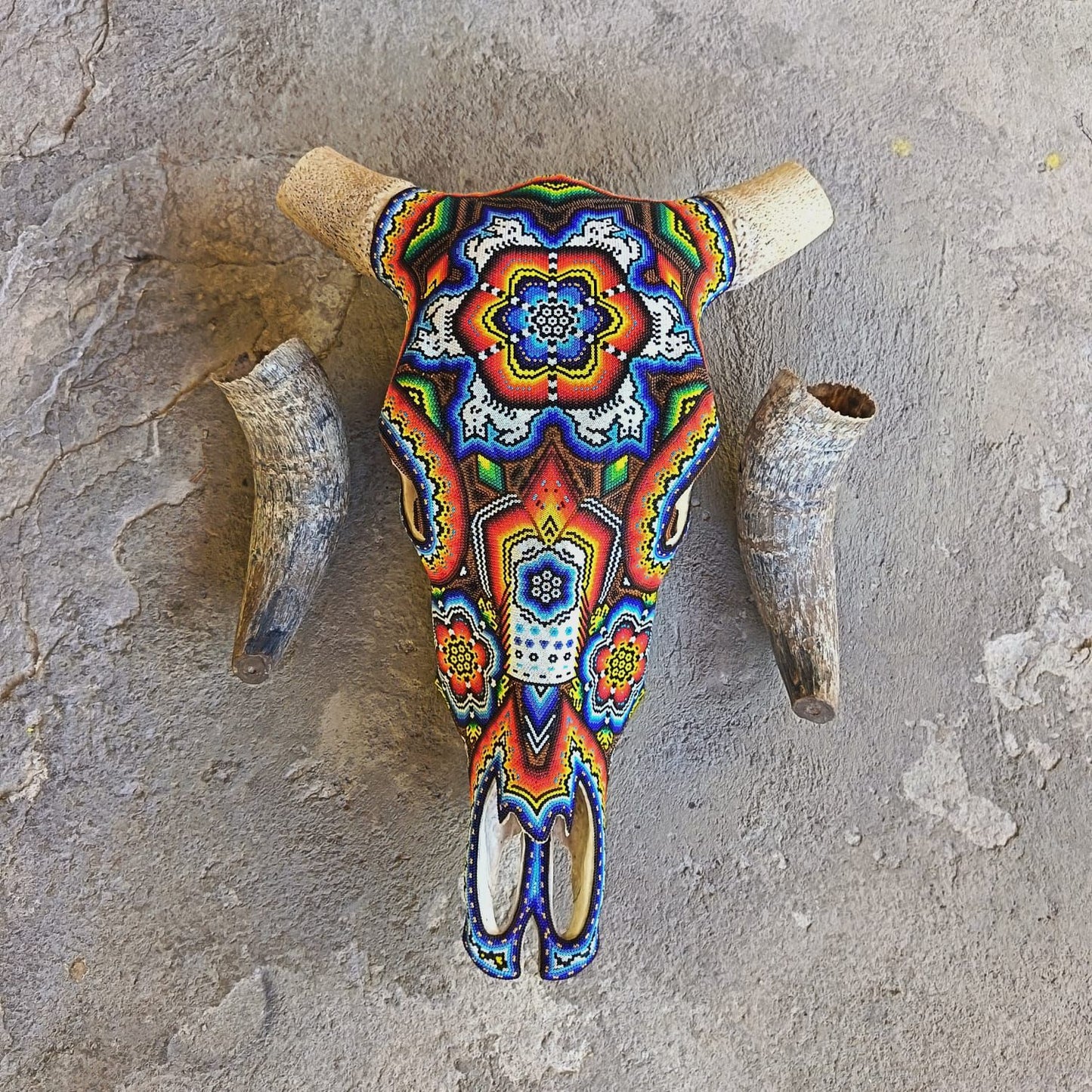Huichol Indian Hand Beaded Bull Skull By Santos Bautista PP9201