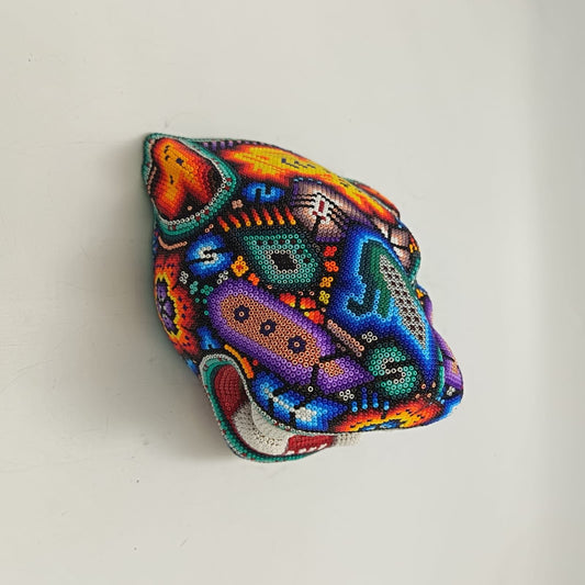 Huichol Mexican Hand Beaded Jaguar Head By Isandro Villa Lopez PP9215