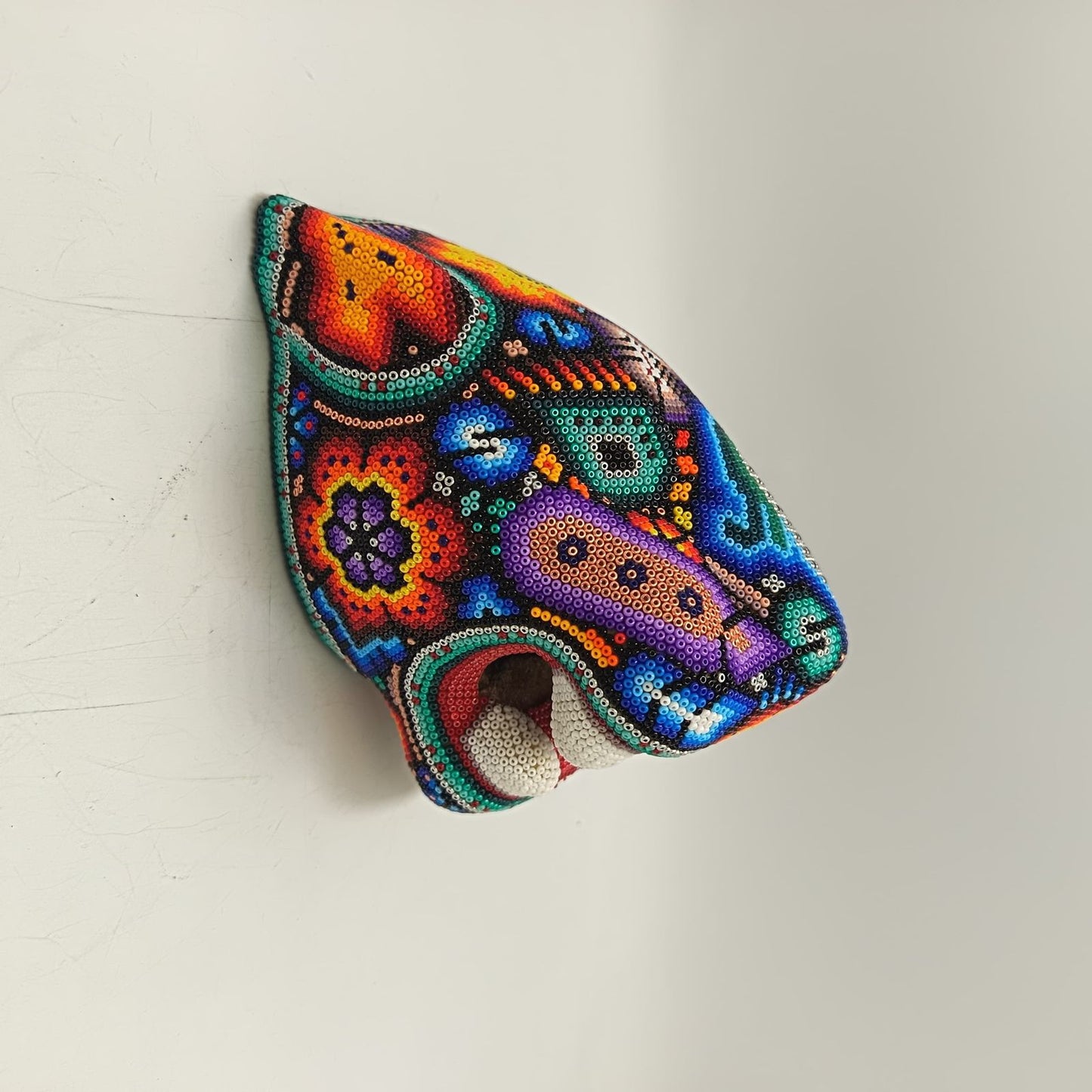 Huichol Mexican Hand Beaded Jaguar Head By Isandro Villa Lopez PP9215