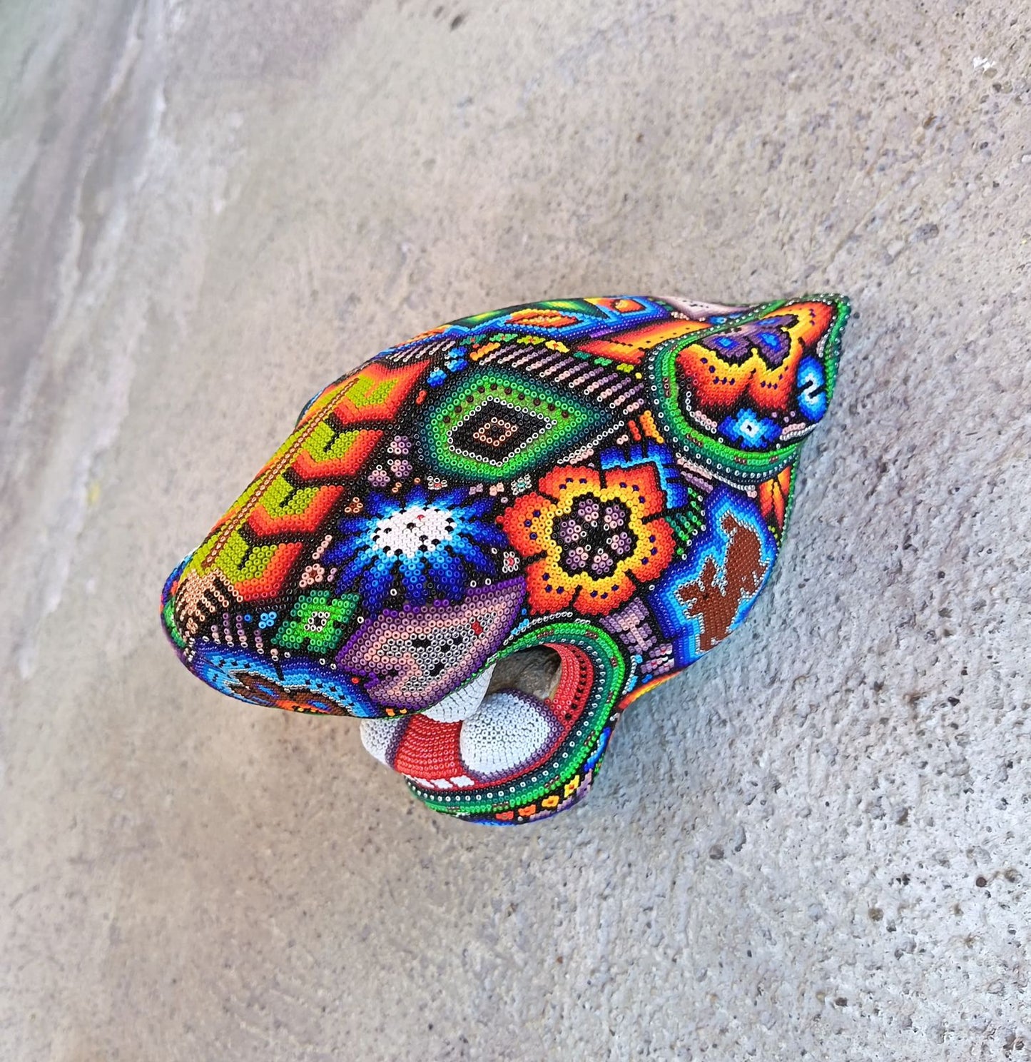 Huichol Mexican Hand Beaded Jaguar Head By Isandro Villa Lopez PP9217