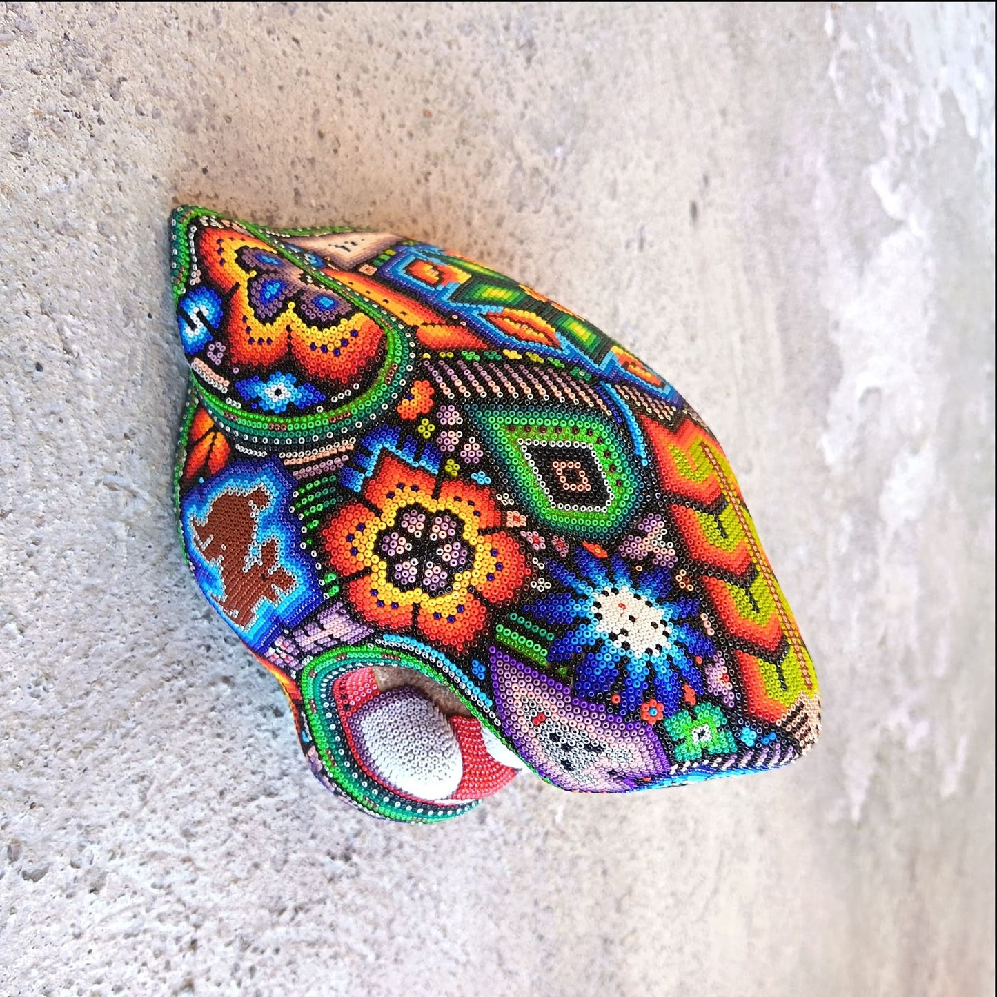 Huichol Mexican Hand Beaded Jaguar Head By Isandro Villa Lopez PP9217