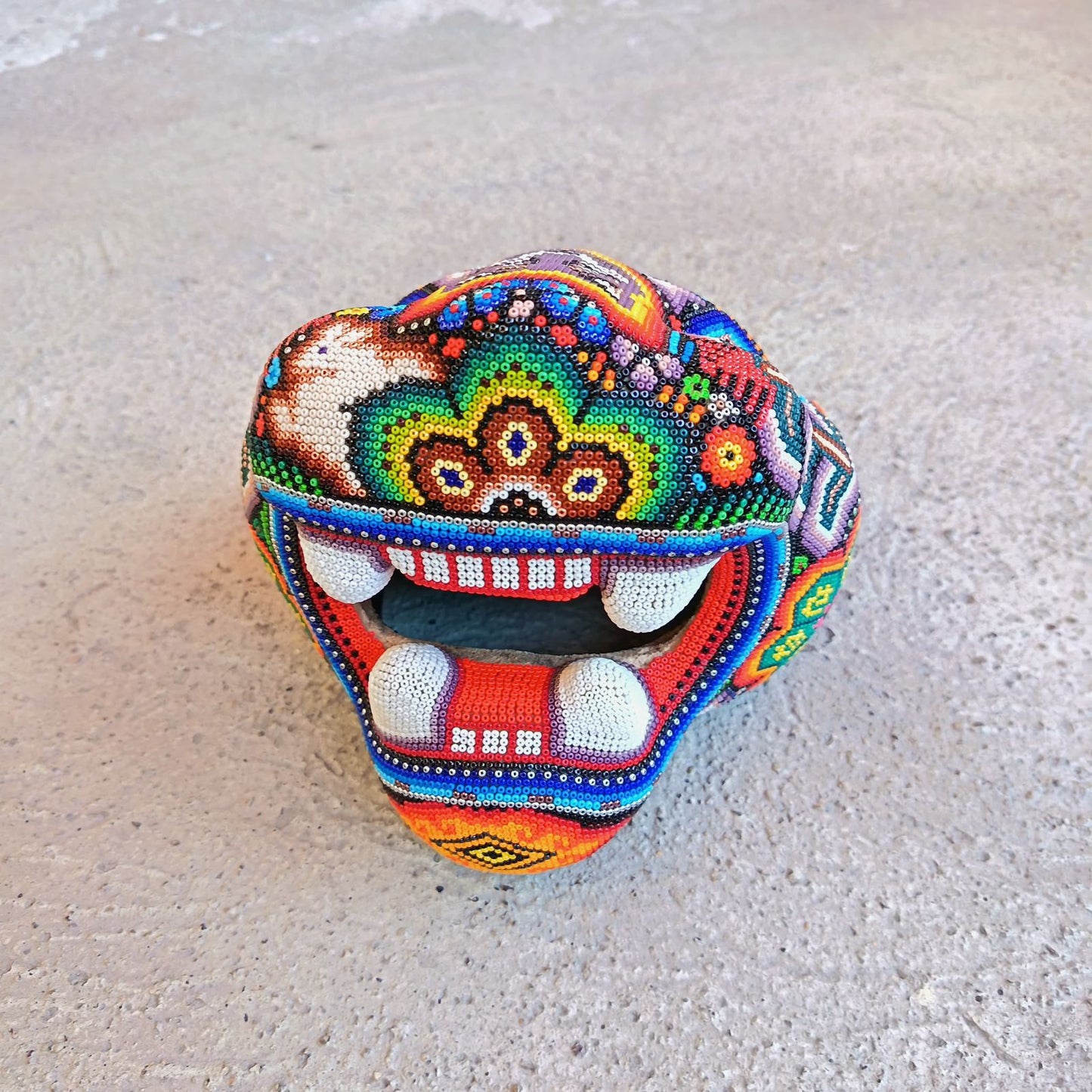 Huichol Mexican Hand Beaded Jaguar Head By Isandro Villa Lopez PP9218