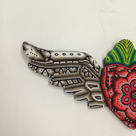Mexican Huichol Hand Beaded Art, Heart with Wings By Isandro Villa Lopez PP9228