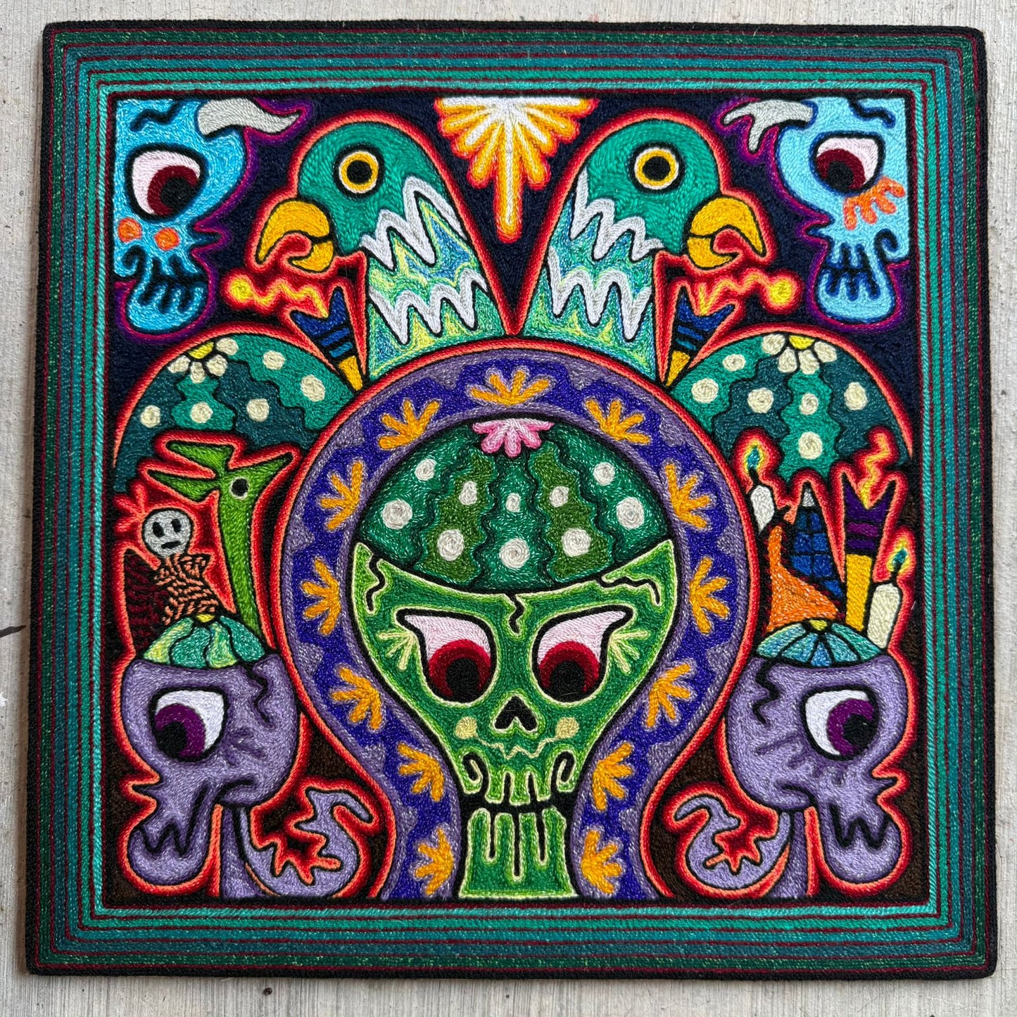 Mexican Folk Art Huichol Indian Yarn Painting by Luis Castro PP9253