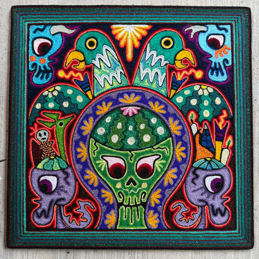 Mexican Folk Art Huichol Indian Yarn Painting by Luis Castro PP9253