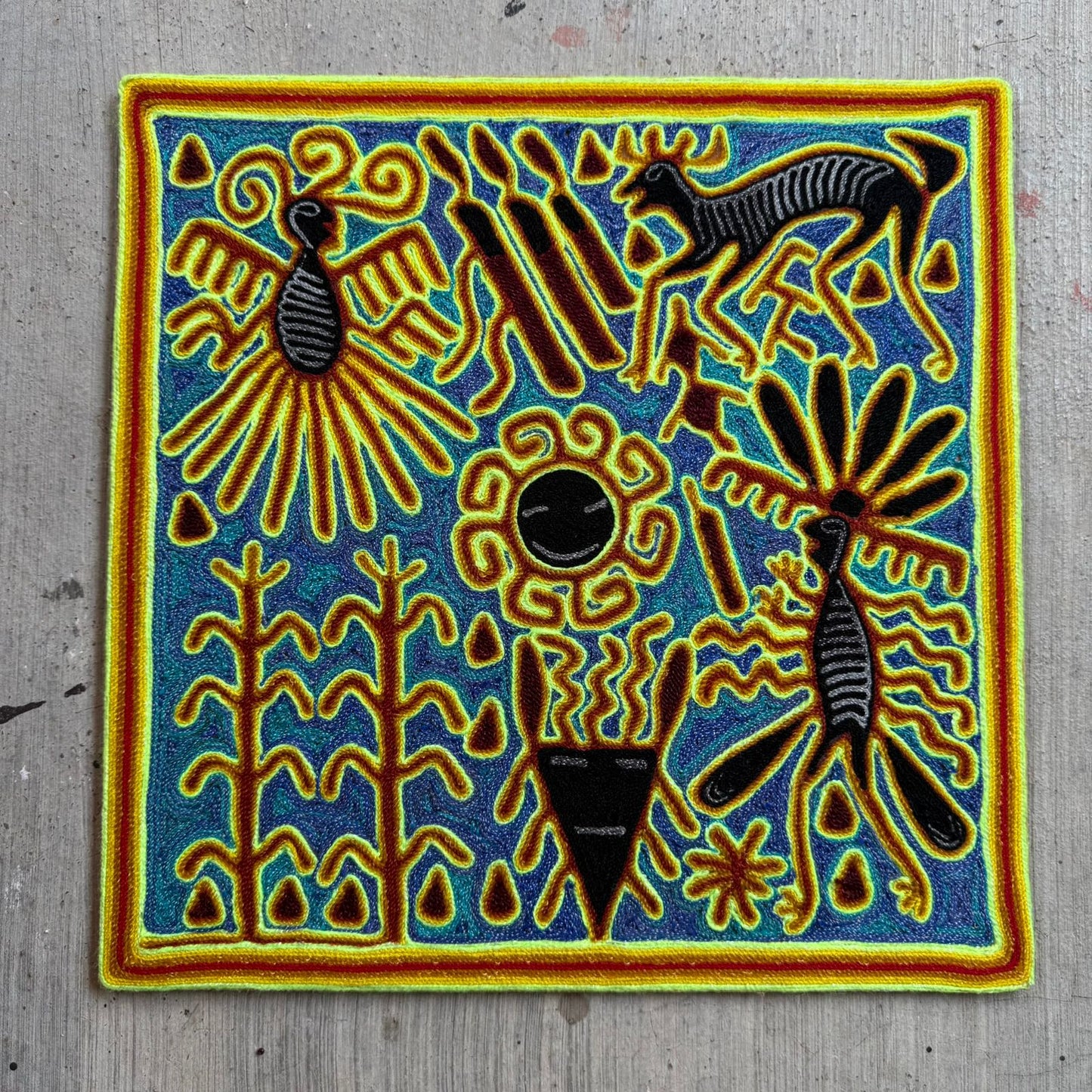 Huichol Indian Mexican Folk Art Yarn Painting by Silverio Gonzalez Rios PP9256