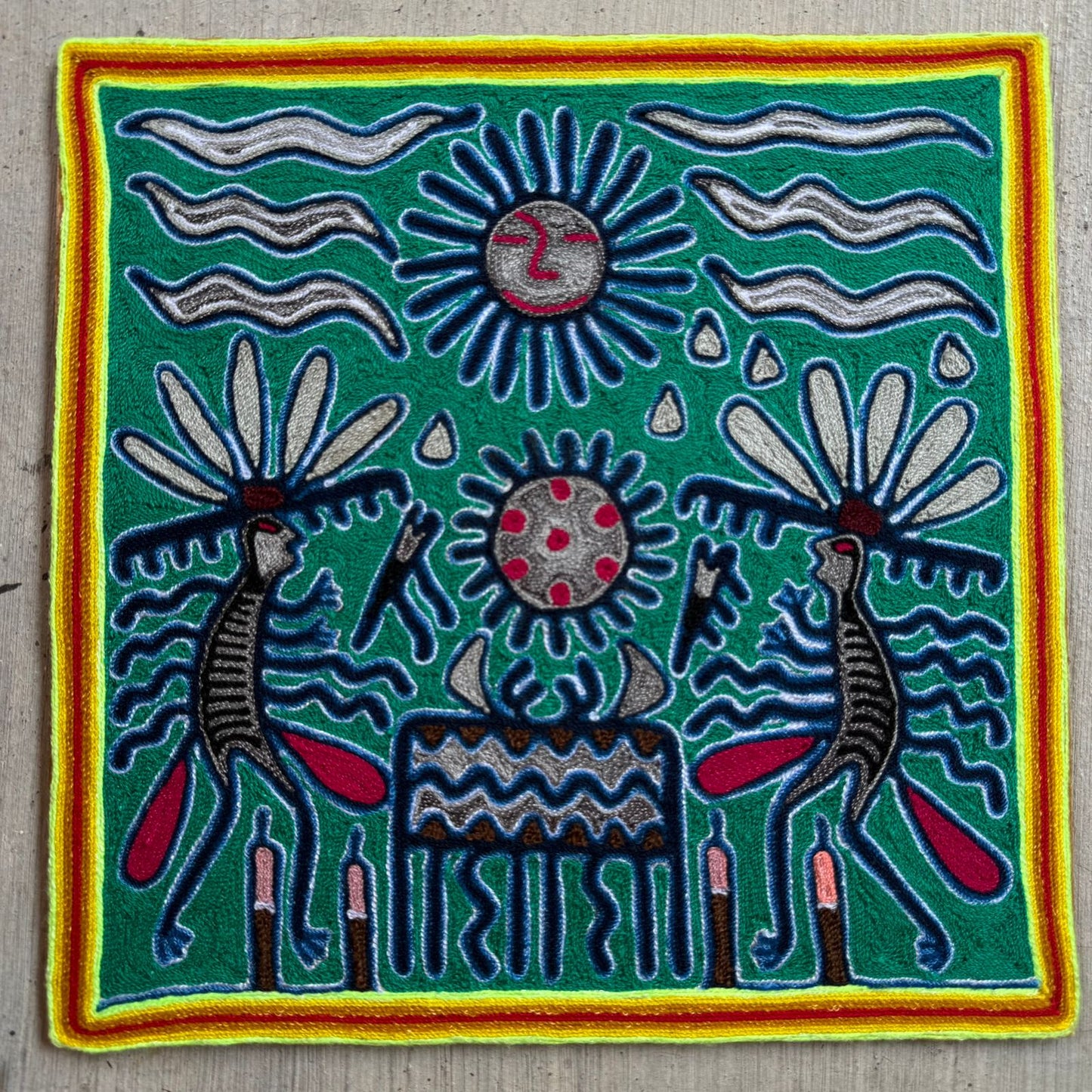 Huichol Indian Mexican Folk Art Yarn Painting by Silverio Gonzalez Rios PP9258
