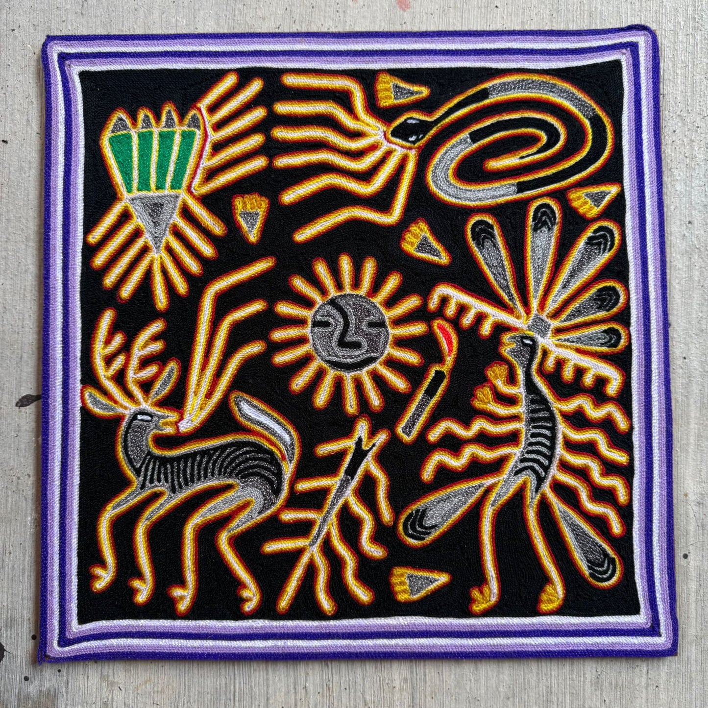Huichol Indian Mexican Folk Art Yarn Painting by Silverio Gonzalez Rios PP9259