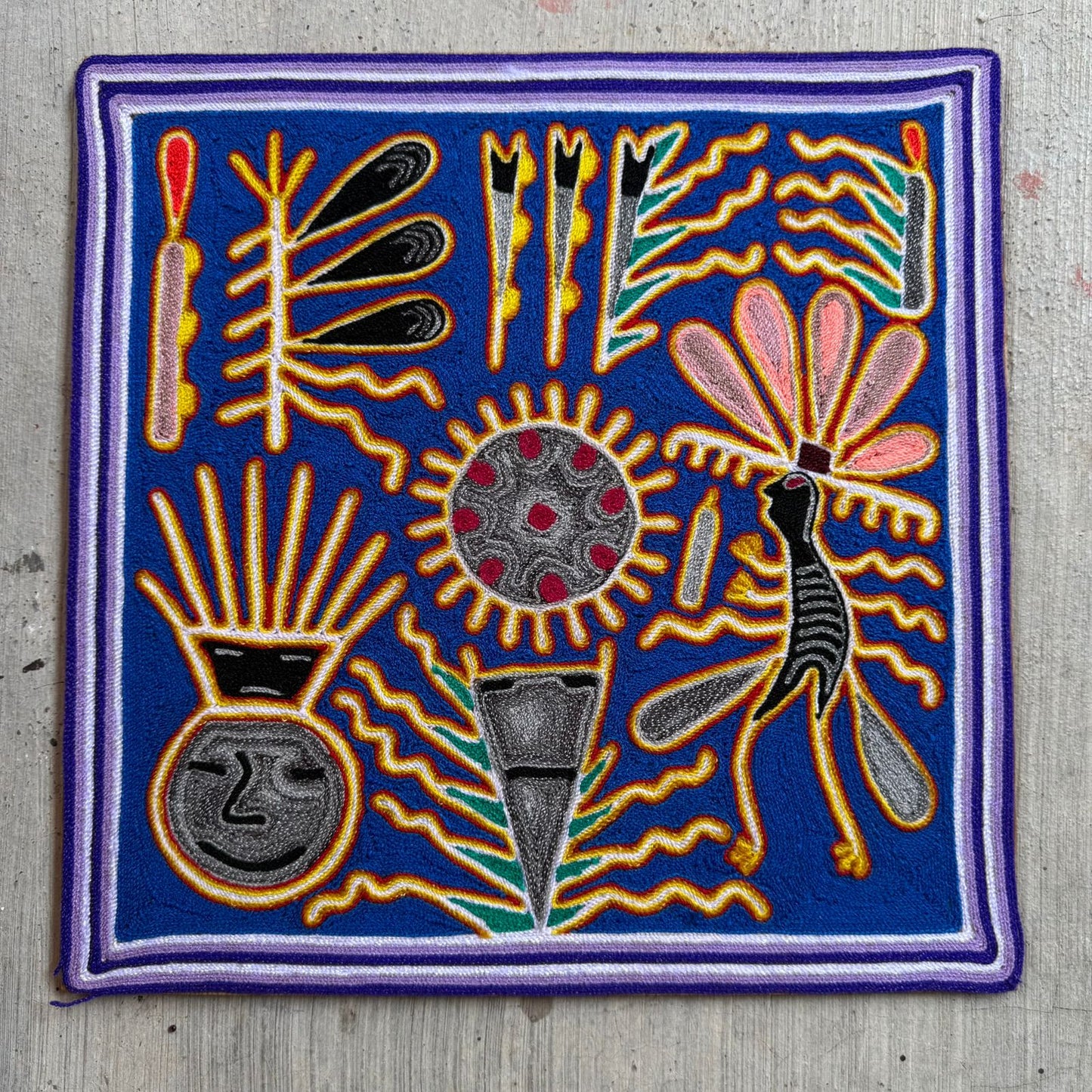Huichol Indian Mexican Folk Art Yarn Painting by Silverio Gonzalez Rios PP9260