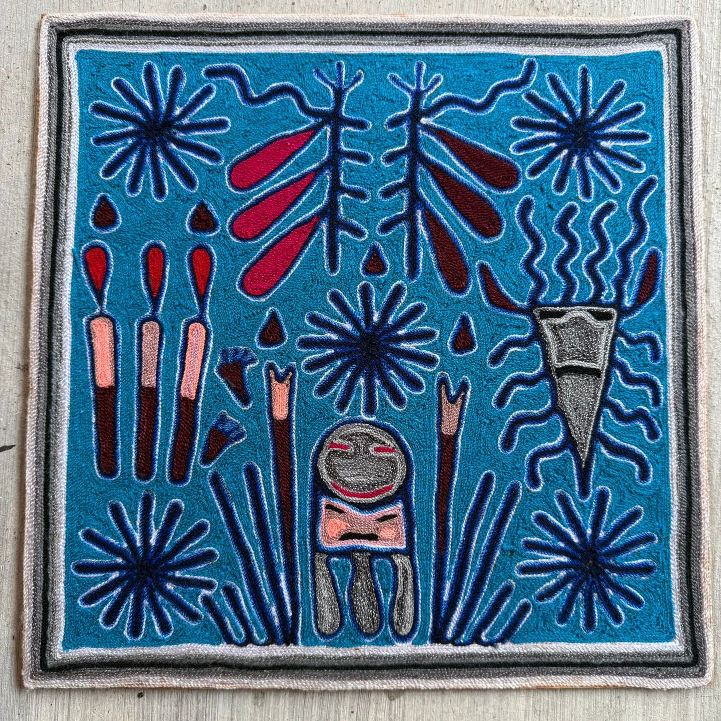 Huichol Indian Mexican Folk Art Yarn Painting by Silverio Gonzalez Rios PP9261