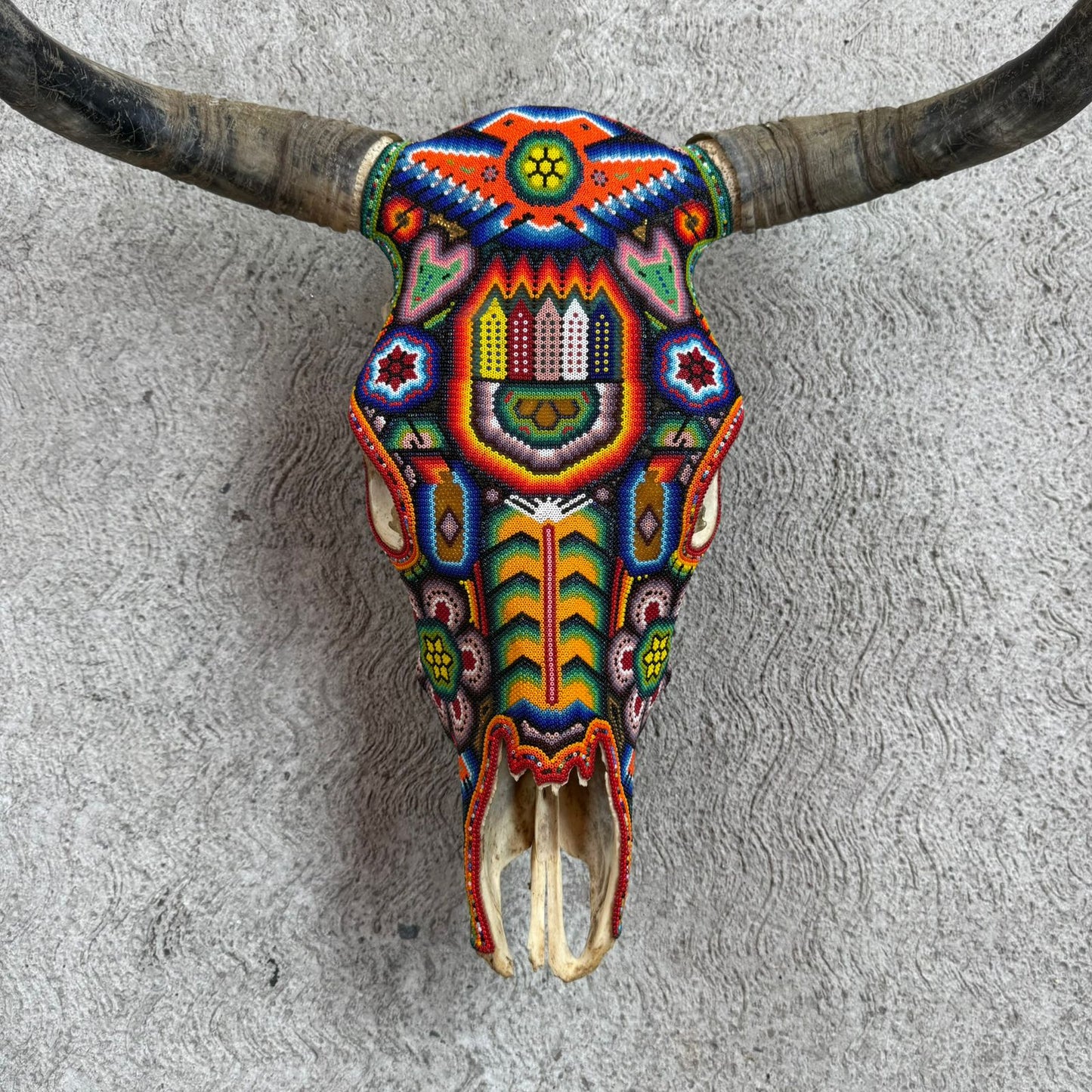 Huichol Indian Hand Beaded Mexican Folk Art Bull Skull By Honorio Villa Lopez PP9262
