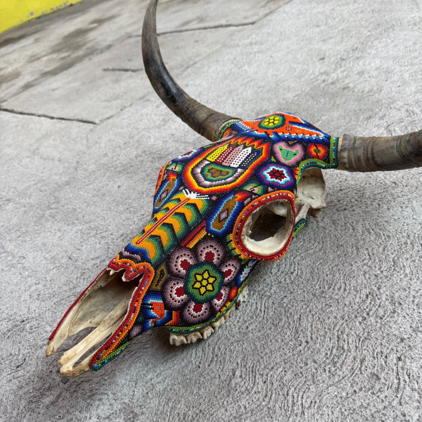 Huichol Indian Hand Beaded Mexican Folk Art Bull Skull By Honorio Villa Lopez PP9262