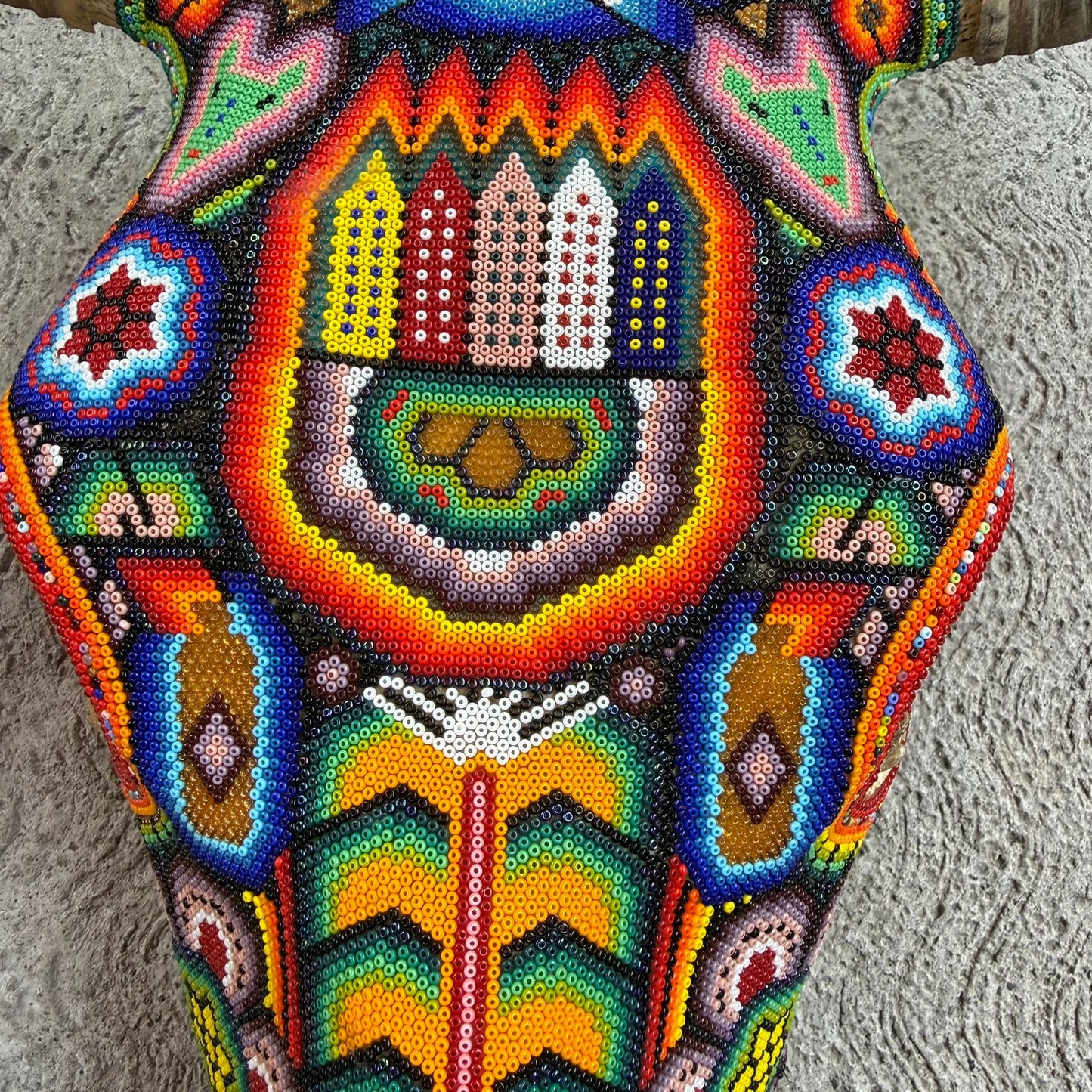 Huichol Indian Hand Beaded Mexican Folk Art Bull Skull By Honorio Villa Lopez PP9262