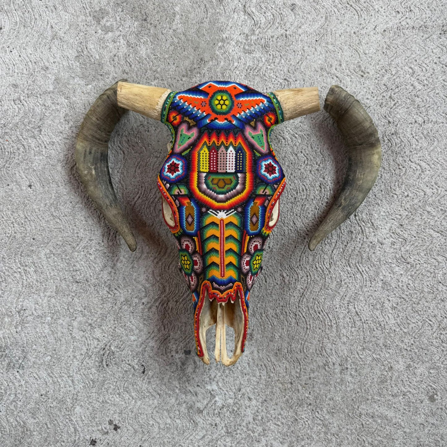 Huichol Indian Hand Beaded Mexican Folk Art Bull Skull By Honorio Villa Lopez PP9262