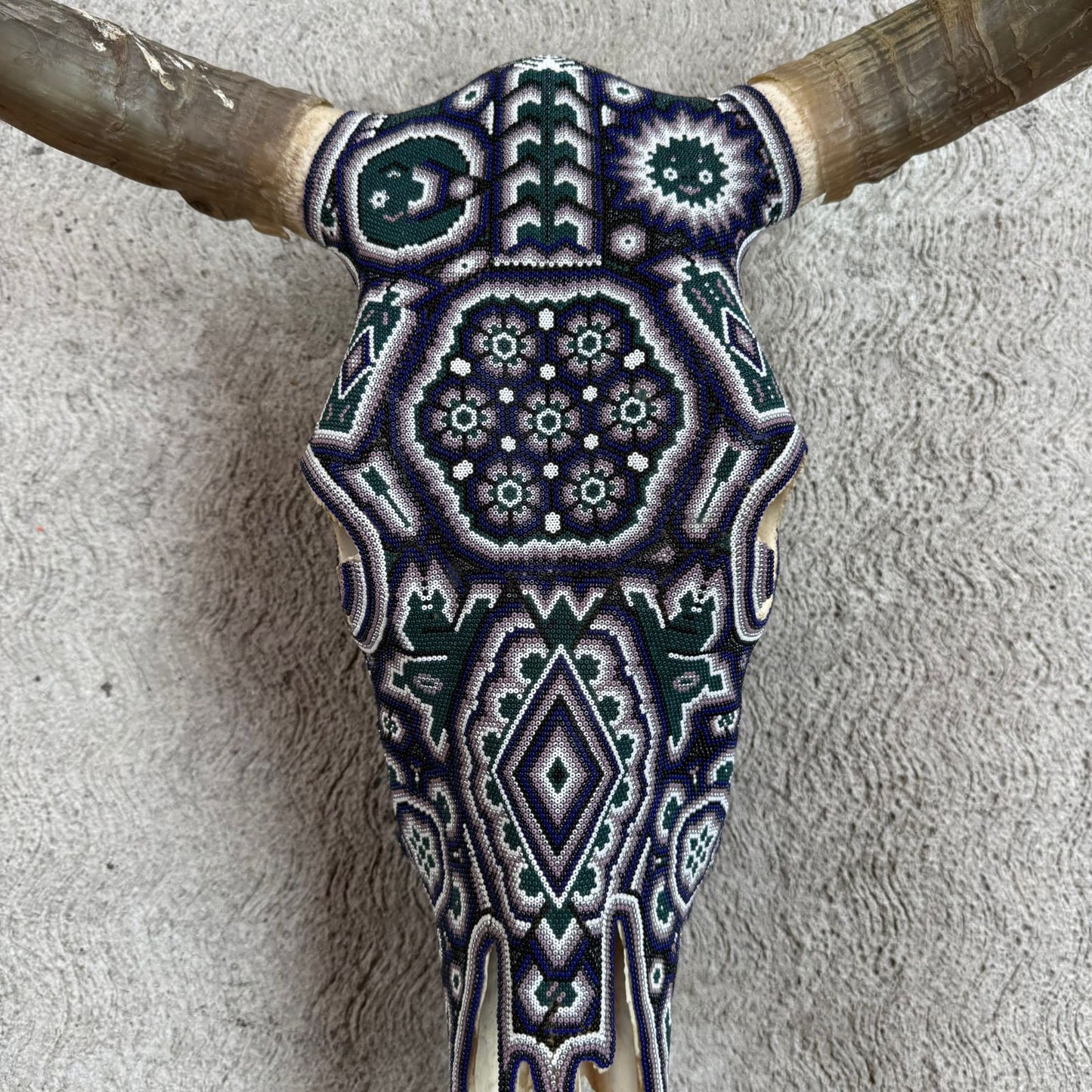 Huichol Indian Hand Beaded Mexican Folk Art Bull Skull By Honorio Villa Lopez PP9263