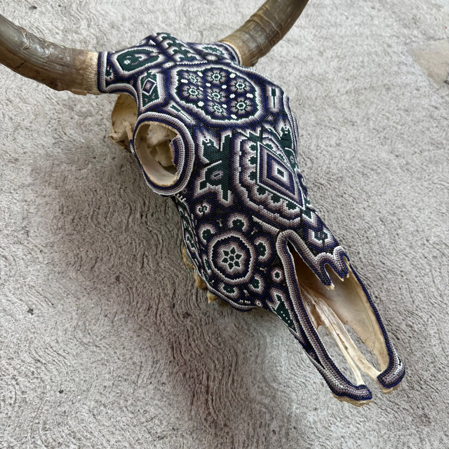 Huichol Indian Hand Beaded Mexican Folk Art Bull Skull By Honorio Villa Lopez PP9263