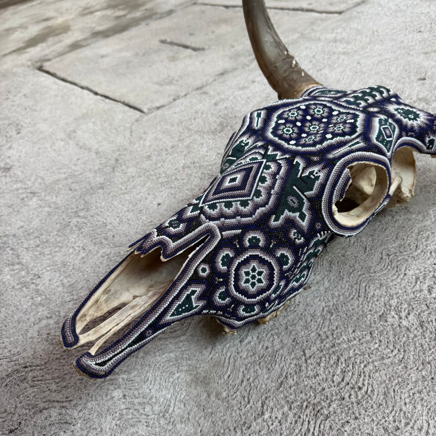 Huichol Indian Hand Beaded Mexican Folk Art Bull Skull By Honorio Villa Lopez PP9263