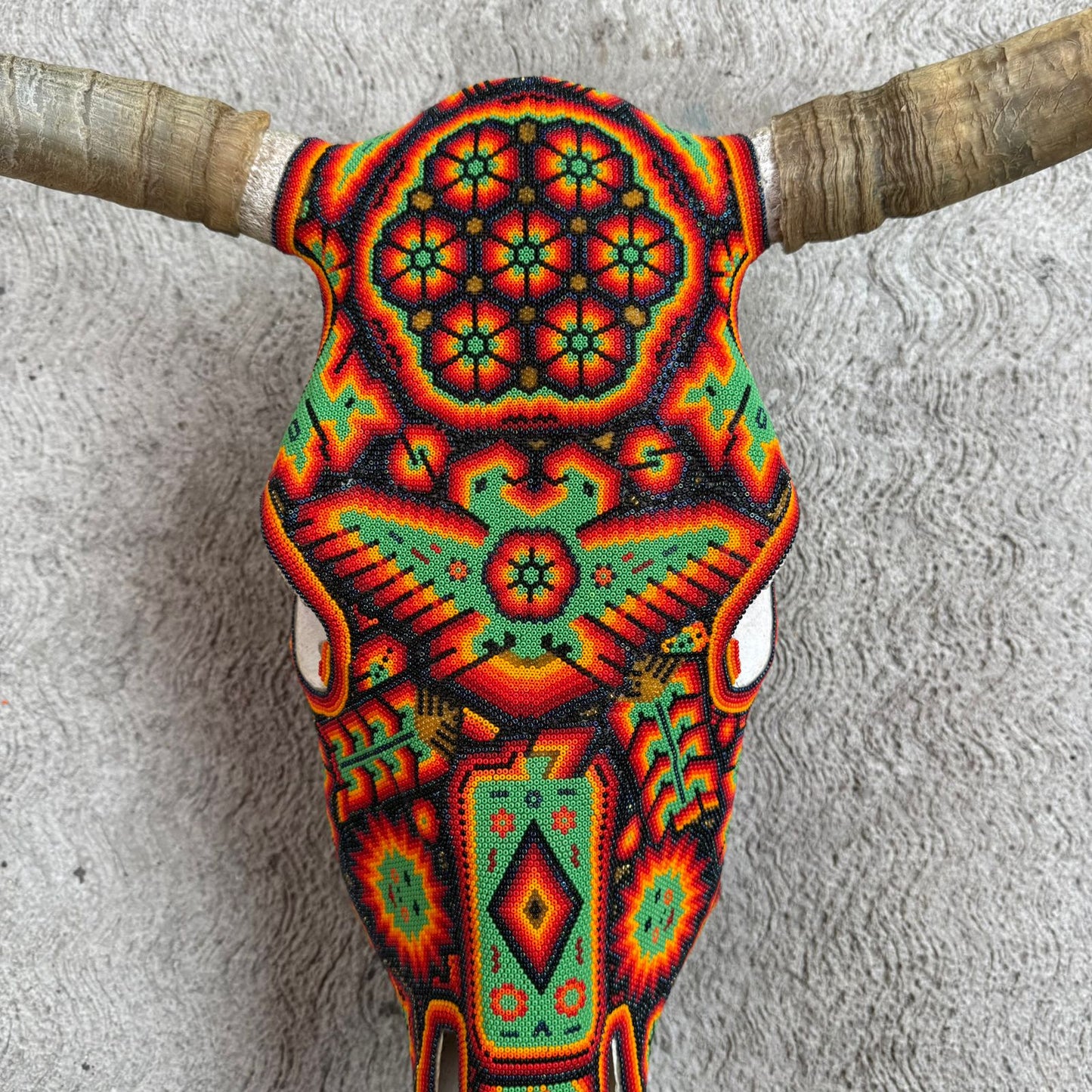 Huichol Indian Hand Beaded Mexican Folk Art Bull Skull By Honorio Villa Lopez PP9264