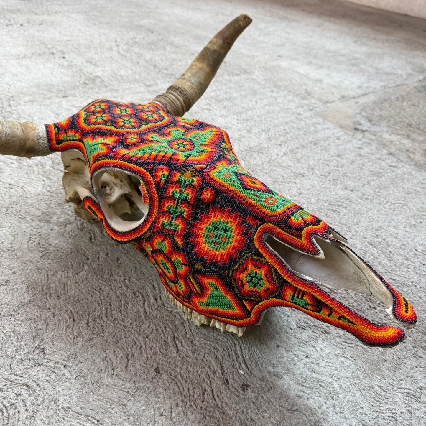 Huichol Indian Hand Beaded Mexican Folk Art Bull Skull By Honorio Villa Lopez PP9264