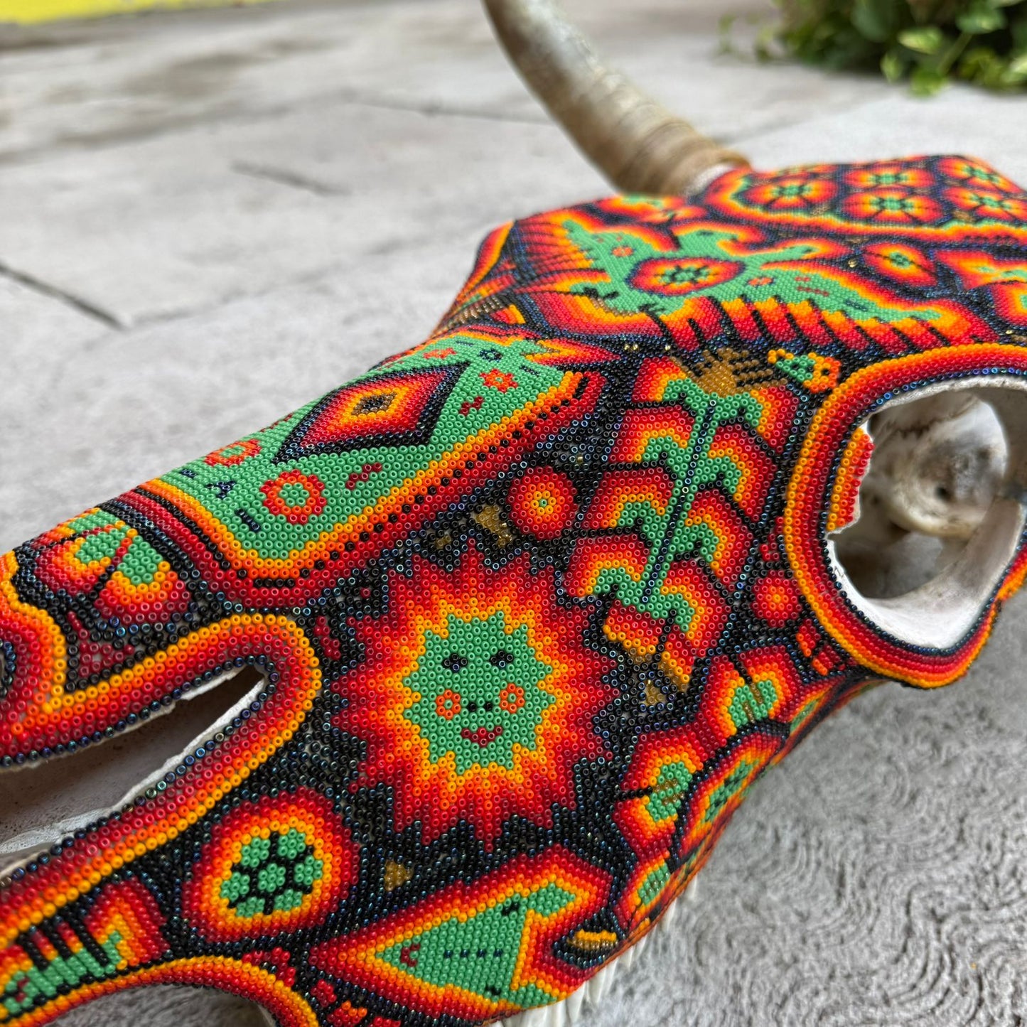 Huichol Indian Hand Beaded Mexican Folk Art Bull Skull By Honorio Villa Lopez PP9264