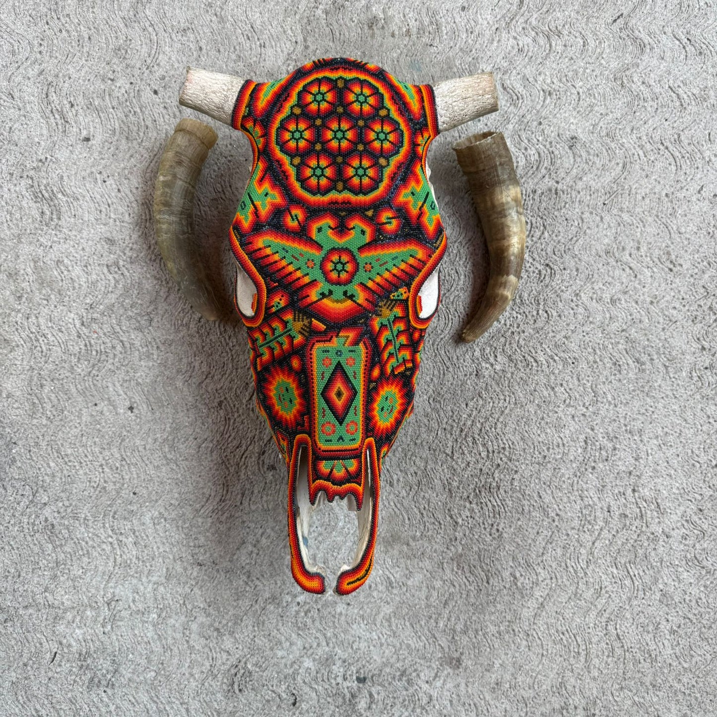 Huichol Indian Hand Beaded Mexican Folk Art Bull Skull By Honorio Villa Lopez PP9264